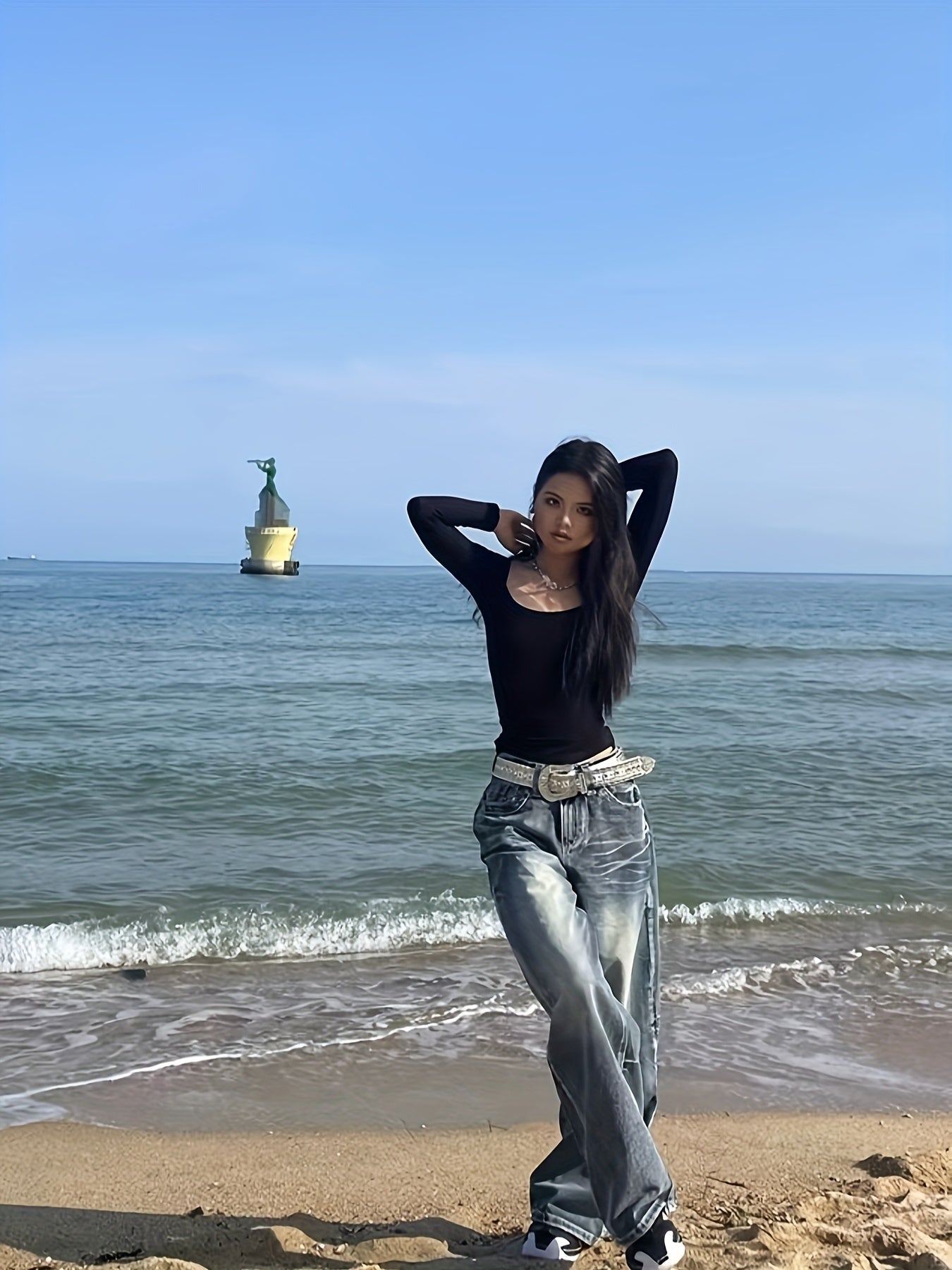 Vintage-Inspired High-Waist Wide-Leg Jeans For Women - Distressed, Loose Fit Denim With Pockets, Machine Washable