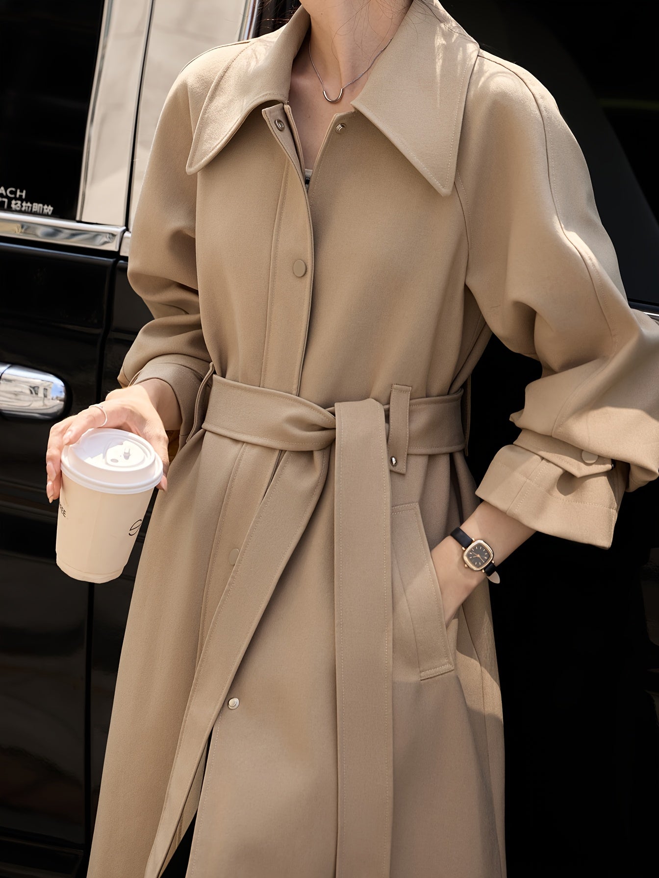 MOHOMO Women's Elegant Beige Trench Coat - Long Sleeve, Button-Up Lapel Collar, Belted Waist, Polyester Fabric, Perfect for Fall Commute & Party Wear, Party Trench Coat | Belted Trench Coat | Halfbutton Closure