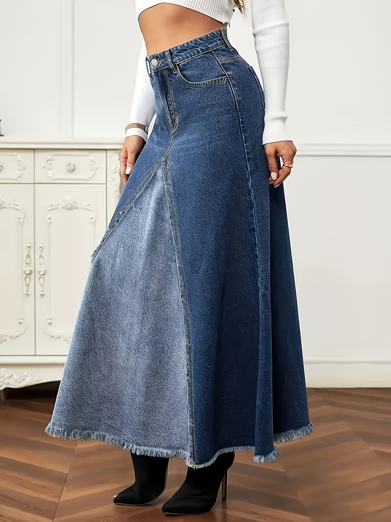 Boho Chic Overall Print LightWeight Denim Midi Skirt For Spring And Summer - Side Slit, A-Line With Pockets, Machine Washable Elegant Women'S Loose-Fitting Jean Skirt