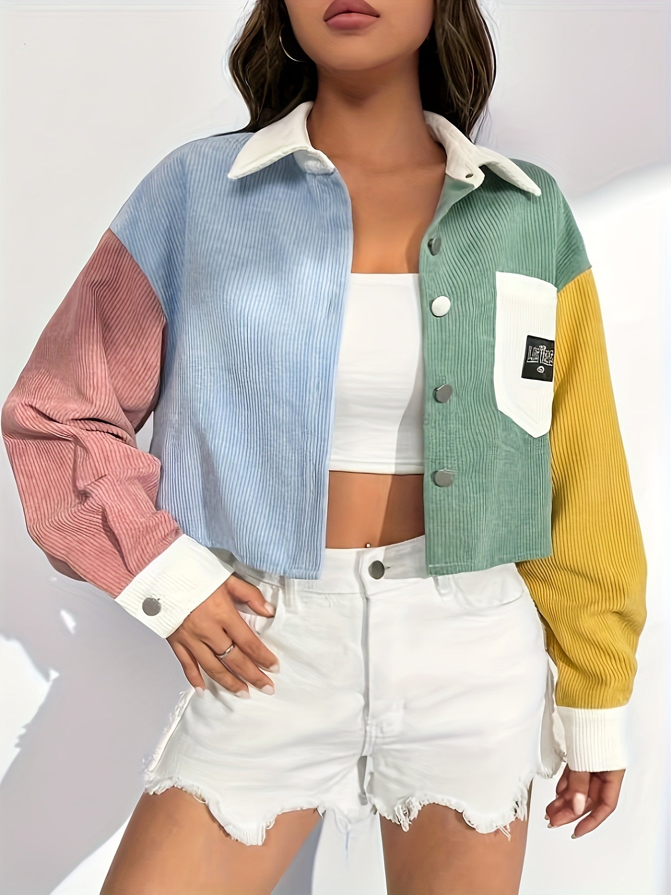 Color Block Letter Patch Off Shoulder Jacket