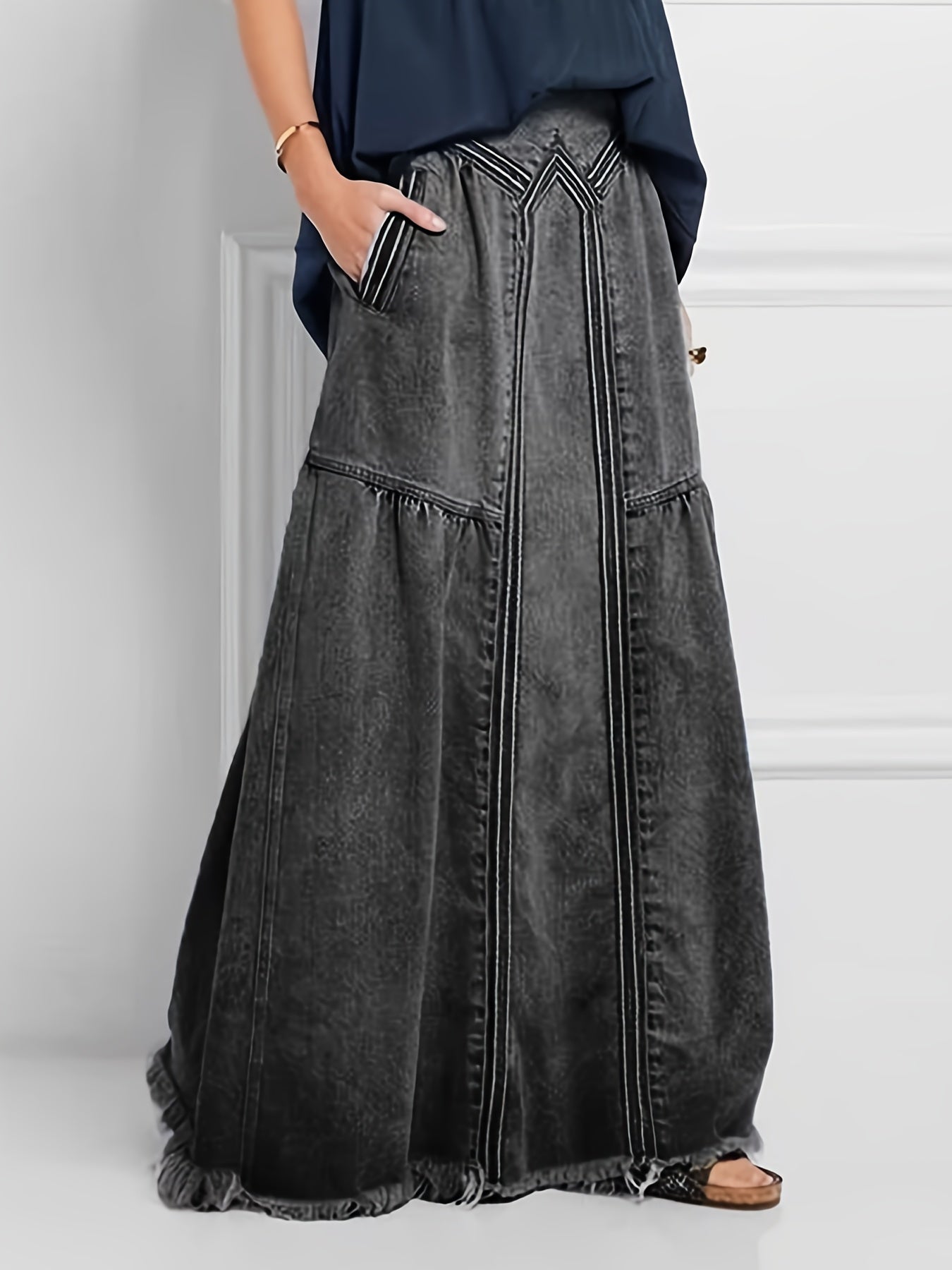 Women'S Vintage Denim Long Skirt High Waist Raw Hem A Line Jean Skirt for Summer, Spring