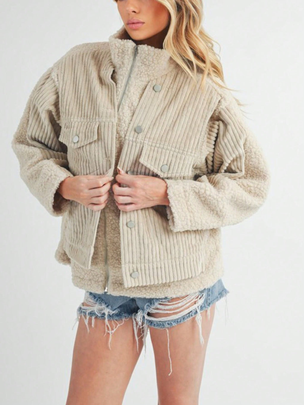 Womens Casual Teddy Bear Chic Cozy Sherpa Fleece Jacket High Neck Oversized Plush Fuzzy Outerwear Cream White Long Sleeve Zip Up Winter Fall Spring Outdoor Daily Wear Fluffy Textured Coat