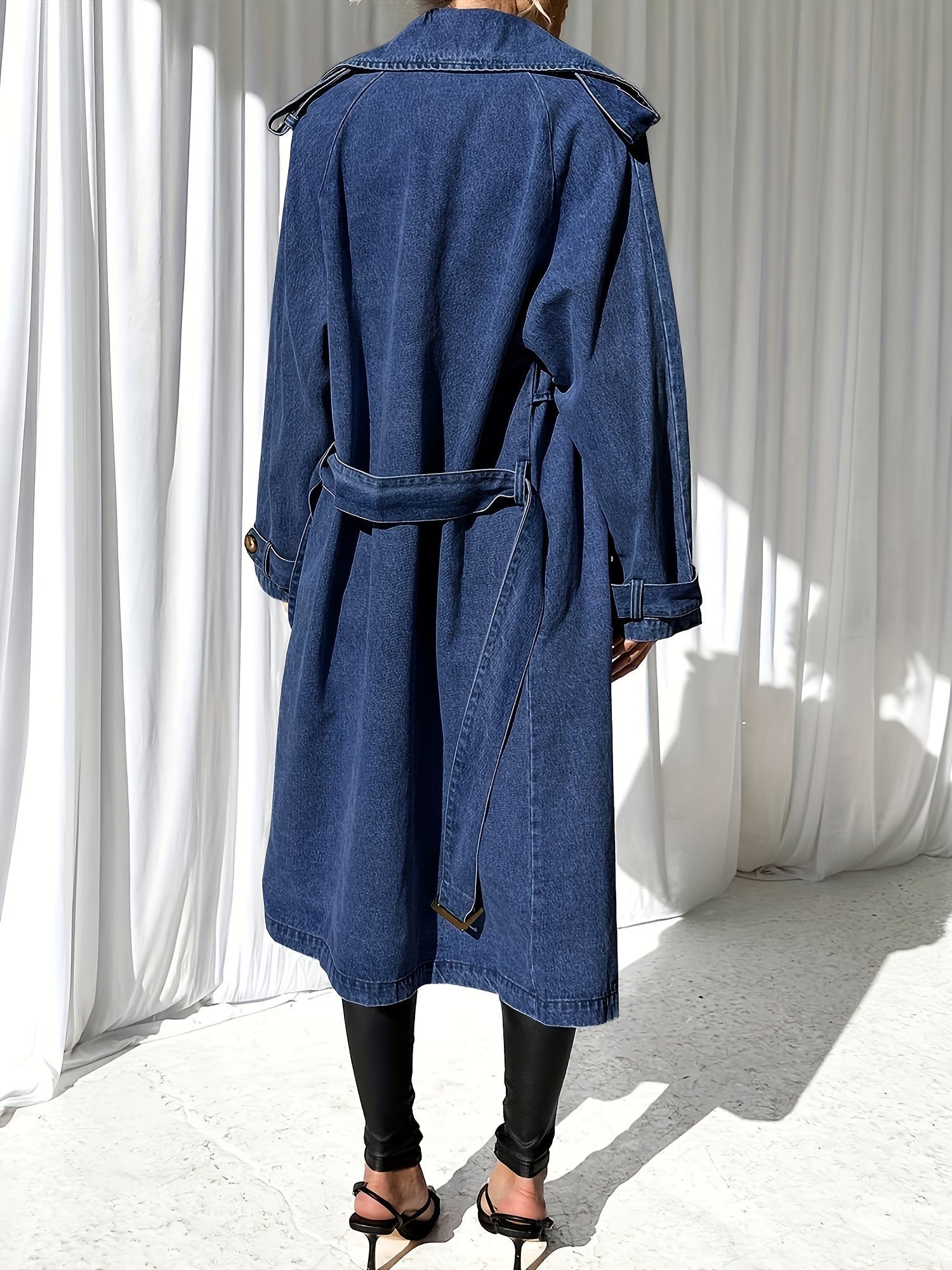 Women'S Long Double Breasted Denim Jacket Button Maxi Jean Coat Oversized Classic Lapel Outercoat