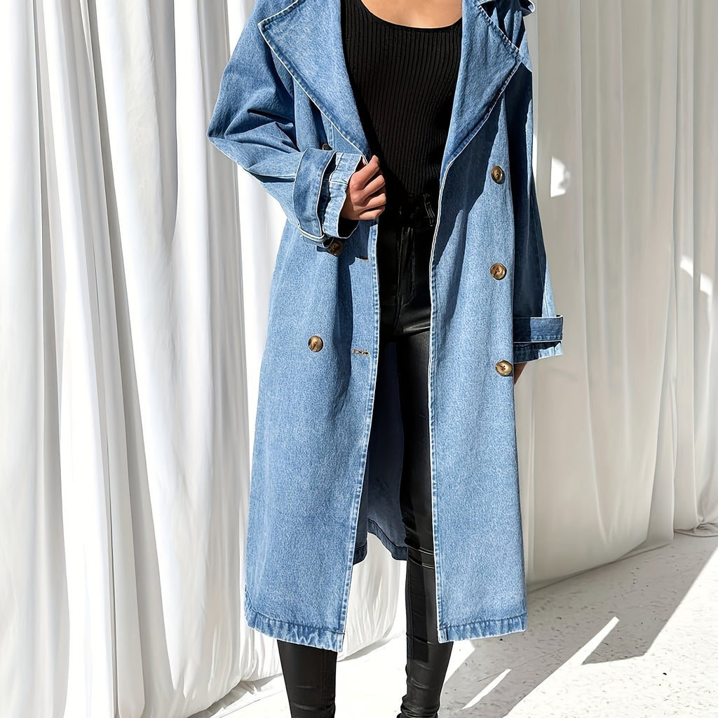 Women'S Long Double Breasted Denim Jacket Button Maxi Jean Coat Oversized Classic Lapel Outercoat