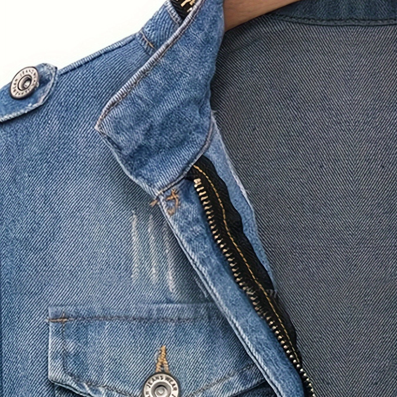 1pc Women'S Plus Size Casual Faux Denim Jacket - Solid Color Cotton Lapel Jean Tops with Pockets, Non-Stretch Woven Fabric, Ripped Zip-Up Long Sleeve Outerwear for Spring\u002FFall