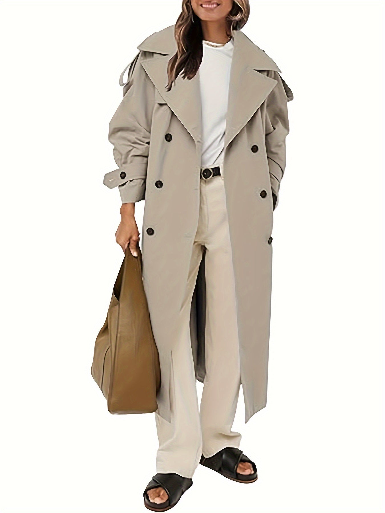 Women's Oversized Beige Trench Coat - Double Breasted, Windproof, Casual Style with Belt, Machine Washable, Polyester, Versatile Fashion | Doublebreasted Coat | Durable Polyester