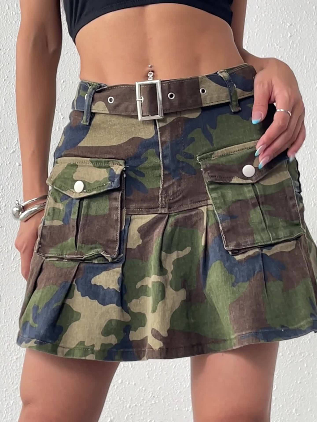 2025 New Women's High-Stretch Denim Skirt with Color Block Camo Print & Fashion Pockets - Pleated Design, Machine Washable, Spring Summer Fall Casual Stylish Sexy Skirt, High Waisted Skirt