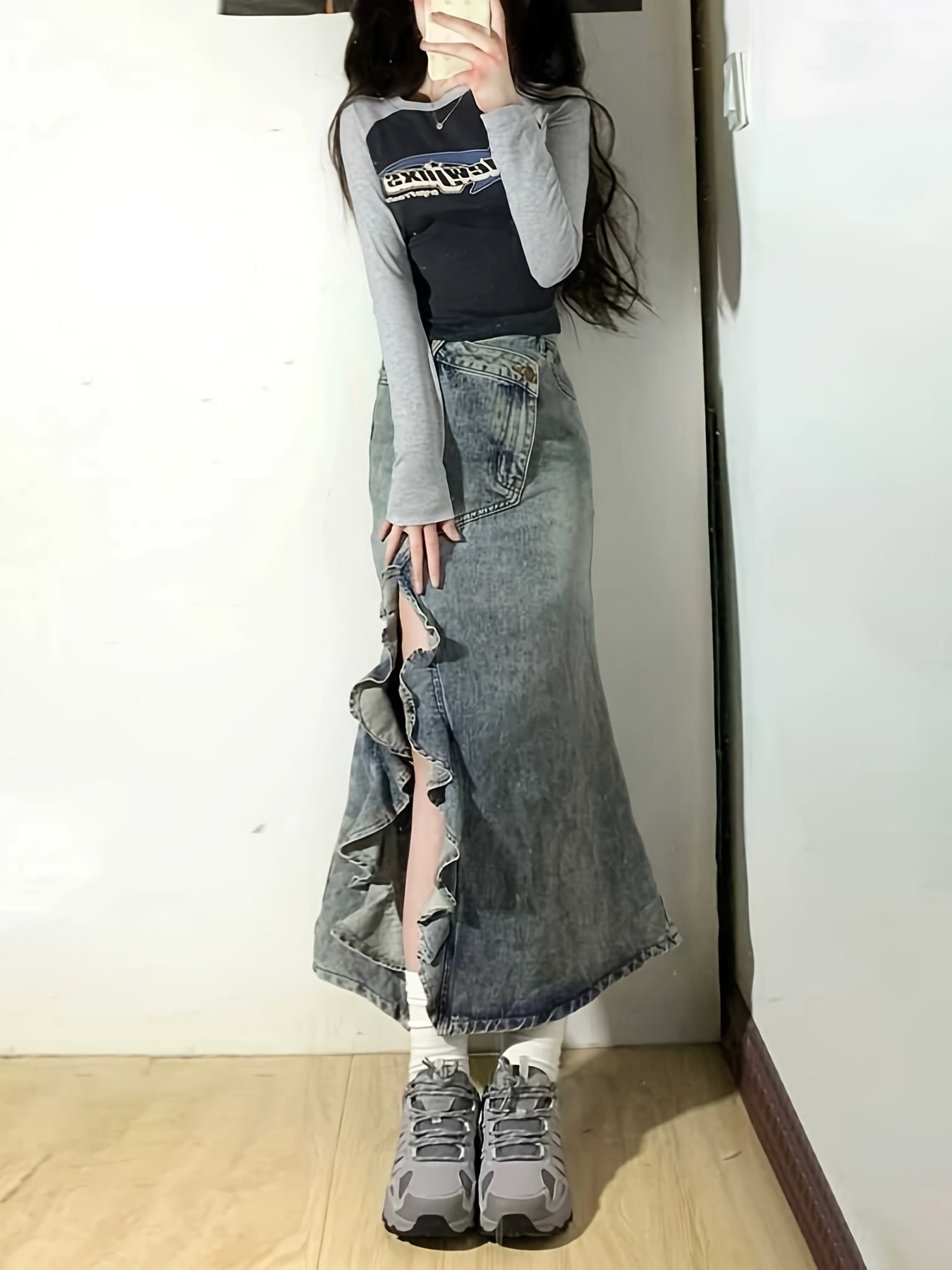 Everyday Comfort Women's High-Waist Denim Midi Skirt | Casual Fishtail Style with Wave Hem & Side Slits | Cotton-Polyester Blend | Machine Washable | Versatile for Spring\u002FSummer\u002FAutumn | Stylish Streetwear, Denim Skirt