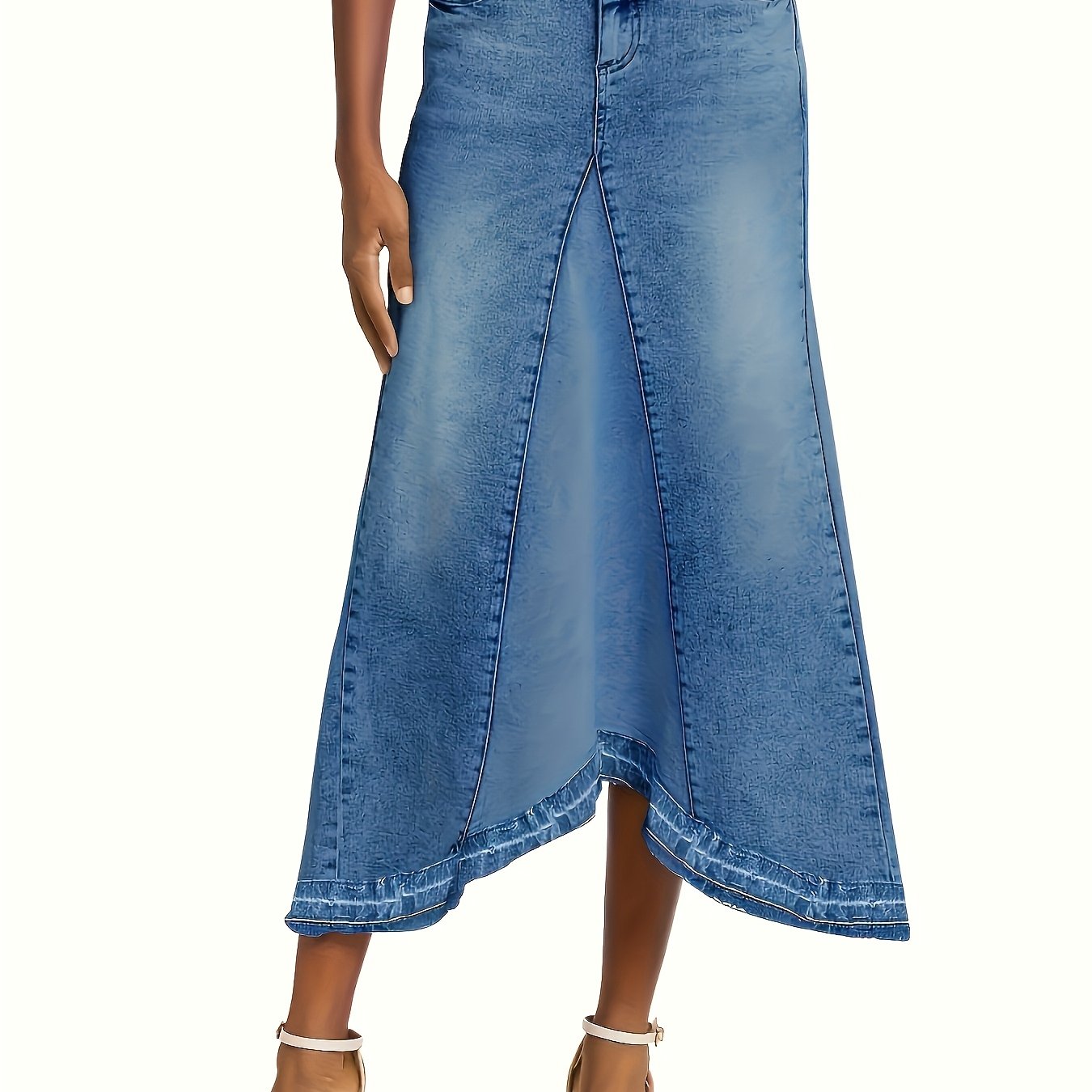 Women's High Waist A-Line Denim Maxi Skirt with Frayed Irregular Hem - Stylish Black Long Jean Skirt, Casual Blend, Machine Washable, Perfect for Spring\u002FSummer\u002FFall, Casual Wear Skirt | Simple Style Skirt | Classic Button Closure