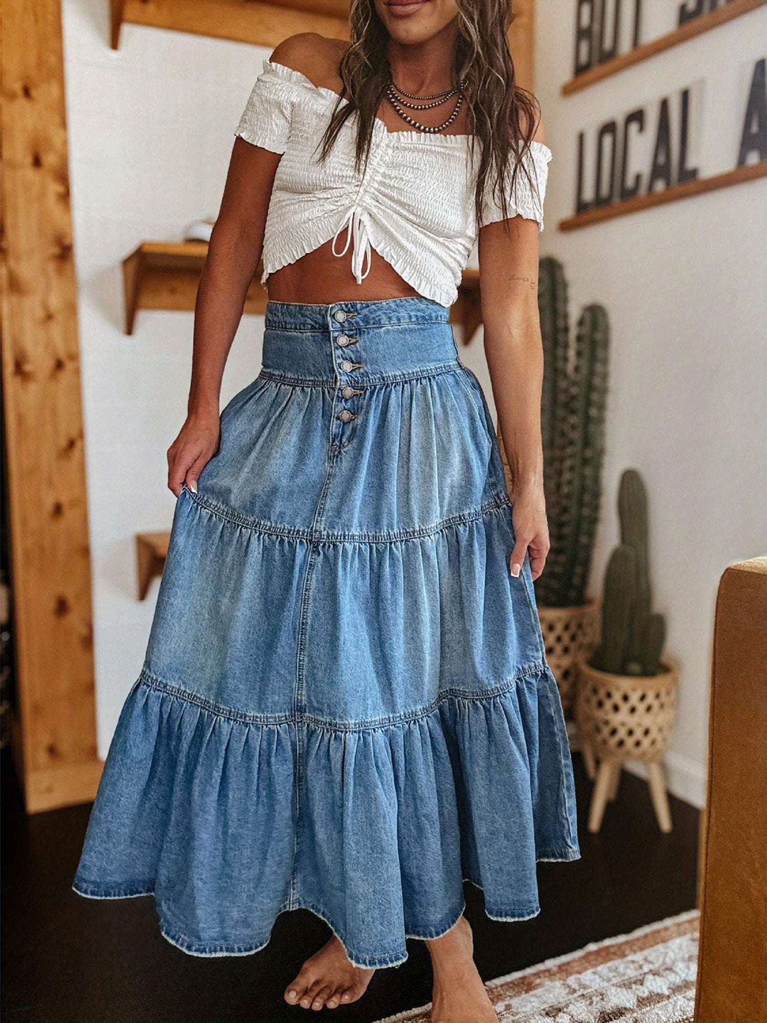 Women's High Waist A-Line Denim Skirt - Vintage Style, Solid Color with Ruffled Hem, Comfortable Polyester Fabric, Ideal for Summer Streetwear, Jean Skirt