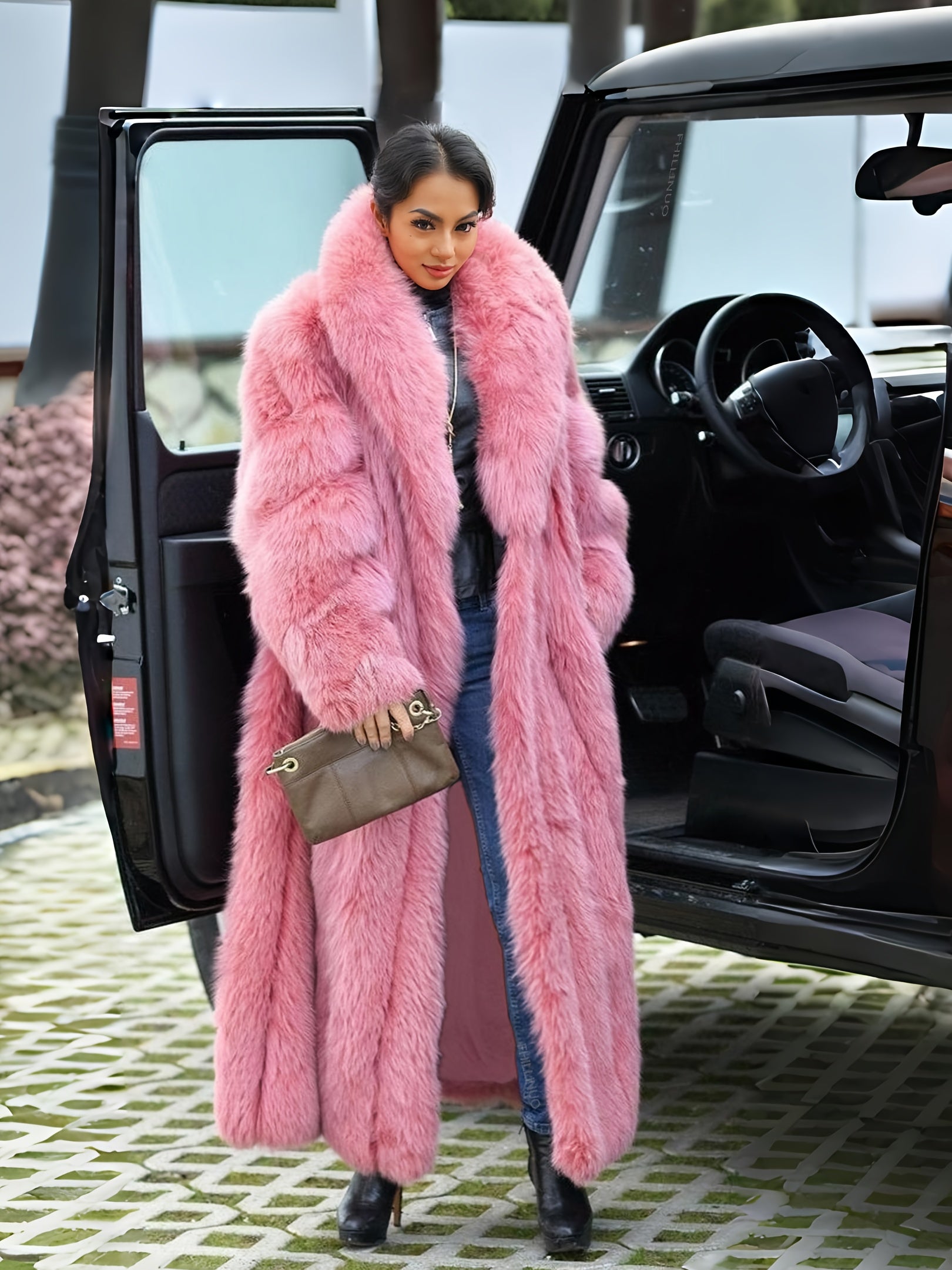 Elegant Faux Fur Coat Elegant Stylish Women's Faux Fur Coat | Turn-Collar, Long Sleeves, Pockets - Comfortable Solid Color Fall\u002FWinter Outerwear for Casual Wear