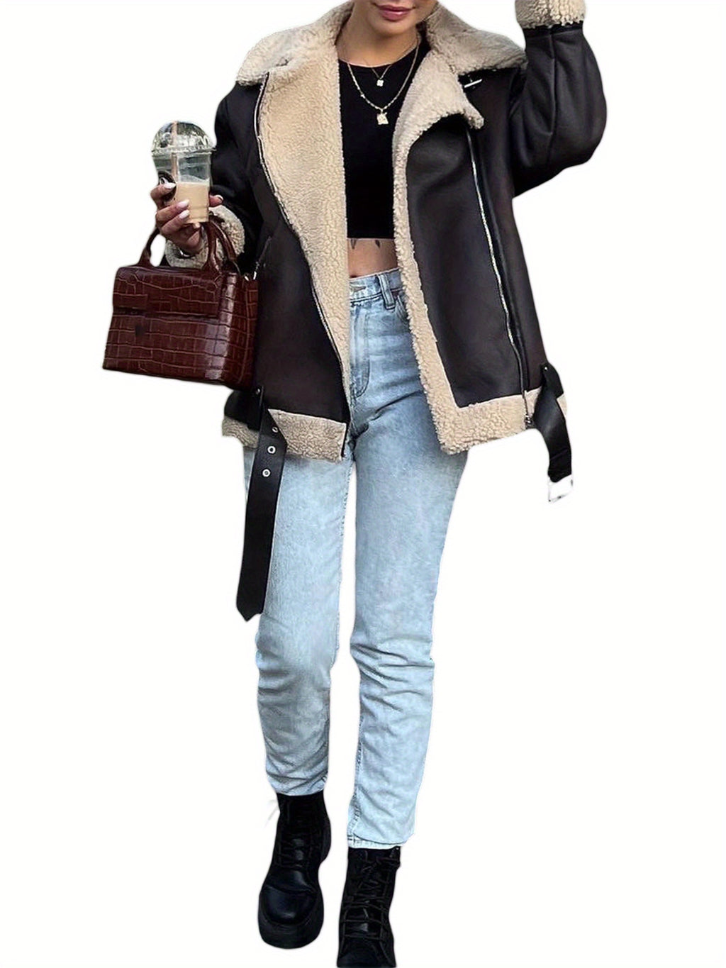 1pc Fashion Faux Shearling Biker Jacket Women'S Casual Faux Shearling Polyester Biker Jacket with Chain Detail - Solid Color, V-Neck, Long Sleeve, Fall\u002FWinter Season, Casual Style, Woven Fabric