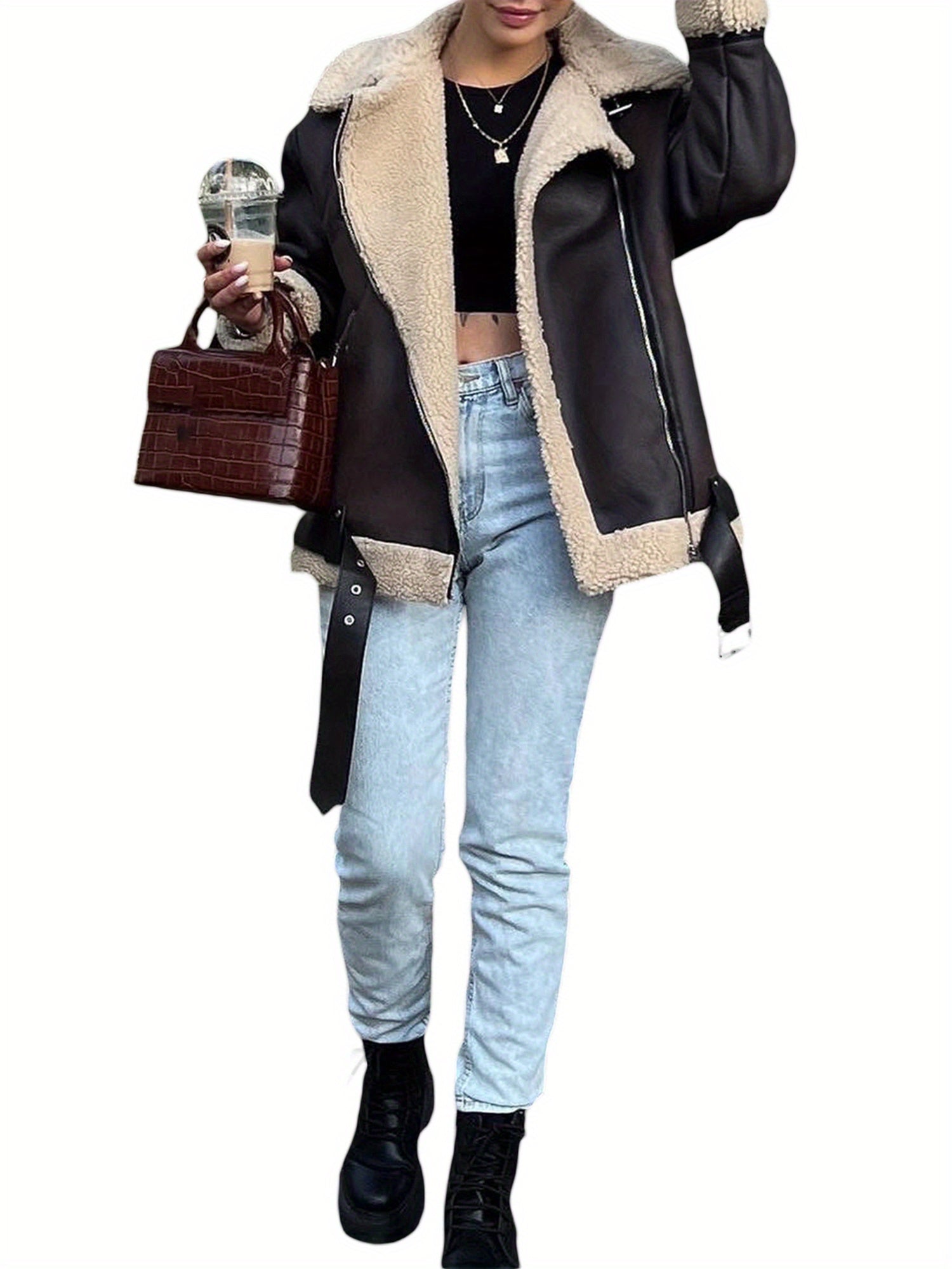 1pc Fashion Faux Shearling Biker Jacket Women'S Casual Faux Shearling Polyester Biker Jacket with Chain Detail - Solid Color, V-Neck, Long Sleeve, Fall\u002FWinter Season, Casual Style, Woven Fabric