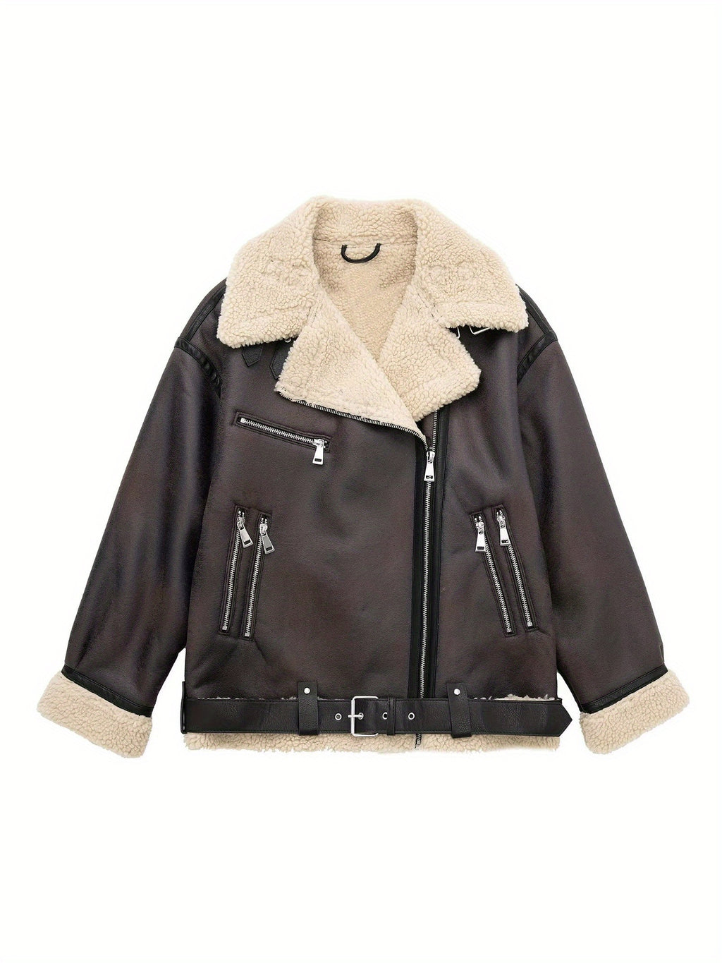 1pc Fashion Faux Shearling Biker Jacket Women'S Casual Faux Shearling Polyester Biker Jacket with Chain Detail - Solid Color, V-Neck, Long Sleeve, Fall\u002FWinter Season, Casual Style, Woven Fabric