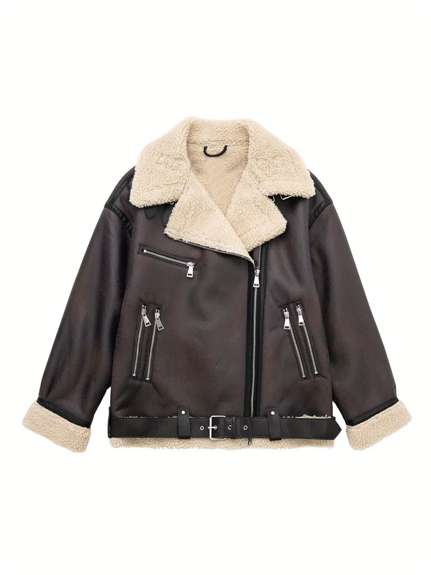 1pc Fashion Faux Shearling Biker Jacket Women'S Casual Faux Shearling Polyester Biker Jacket with Chain Detail - Solid Color, V-Neck, Long Sleeve, Fall\u002FWinter Season, Casual Style, Woven Fabric