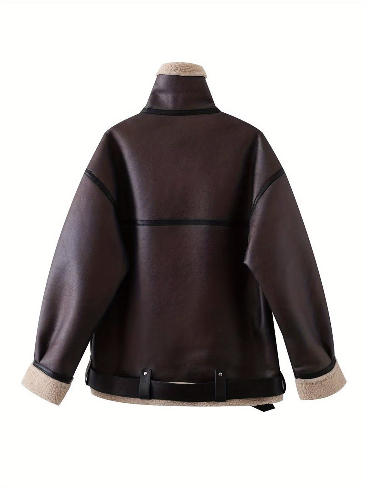 1pc Fashion Faux Shearling Biker Jacket Women'S Casual Faux Shearling Polyester Biker Jacket with Chain Detail - Solid Color, V-Neck, Long Sleeve, Fall\u002FWinter Season, Casual Style, Woven Fabric