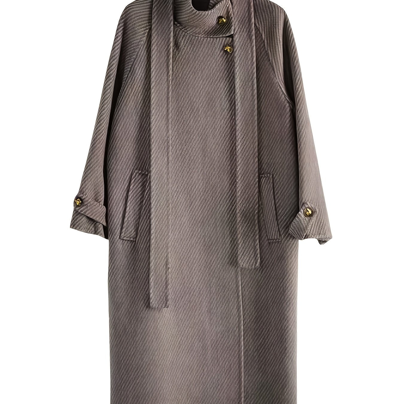 Autumn and Winter New Korean Style Stand Collar Loose Fit Long Over-the-Knee Wool Coat with Large Ribbed Pattern for Women