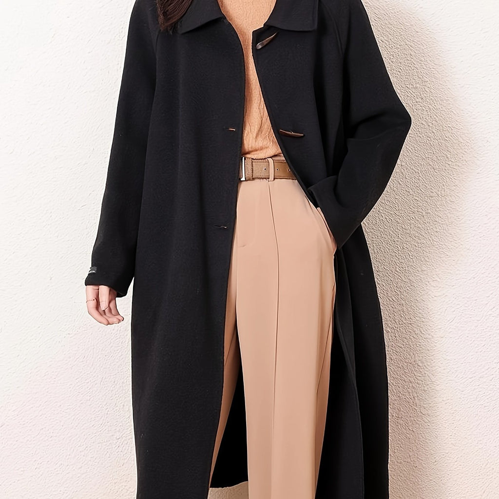 Women's Tweed Coat - Dual-Sided Mid-Length Wool-Textured Jacket with Notch Lapel Collar & Belted Waist, Solid Black Casual Chic Outerwear for Fall Winter, Semiformal Attire, Structured Design