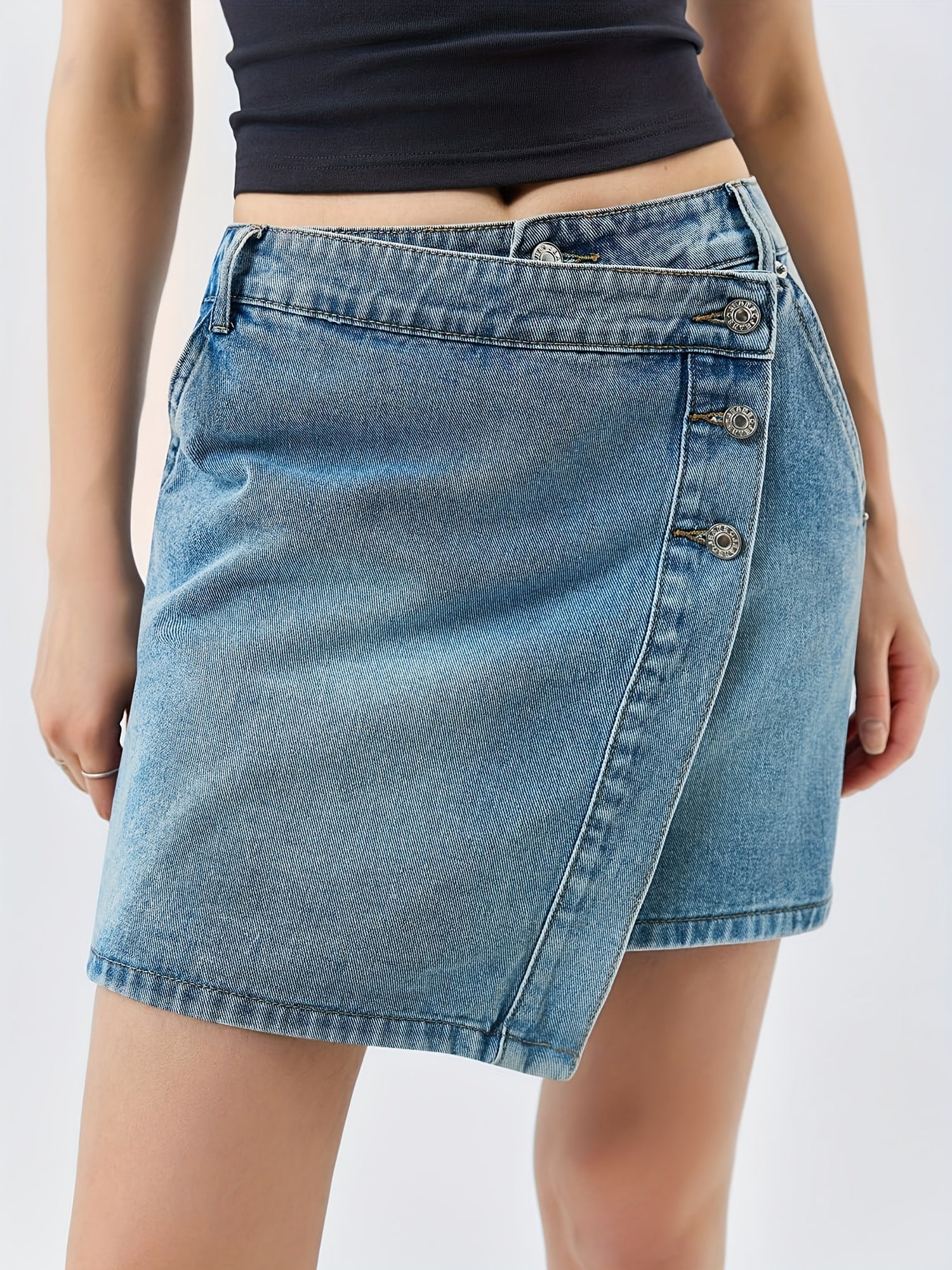 Women'S Casual Denim Jean Skirt, Wrap Button Asymmetrical Hem Mini Skirt, Summer Fashion Skirt