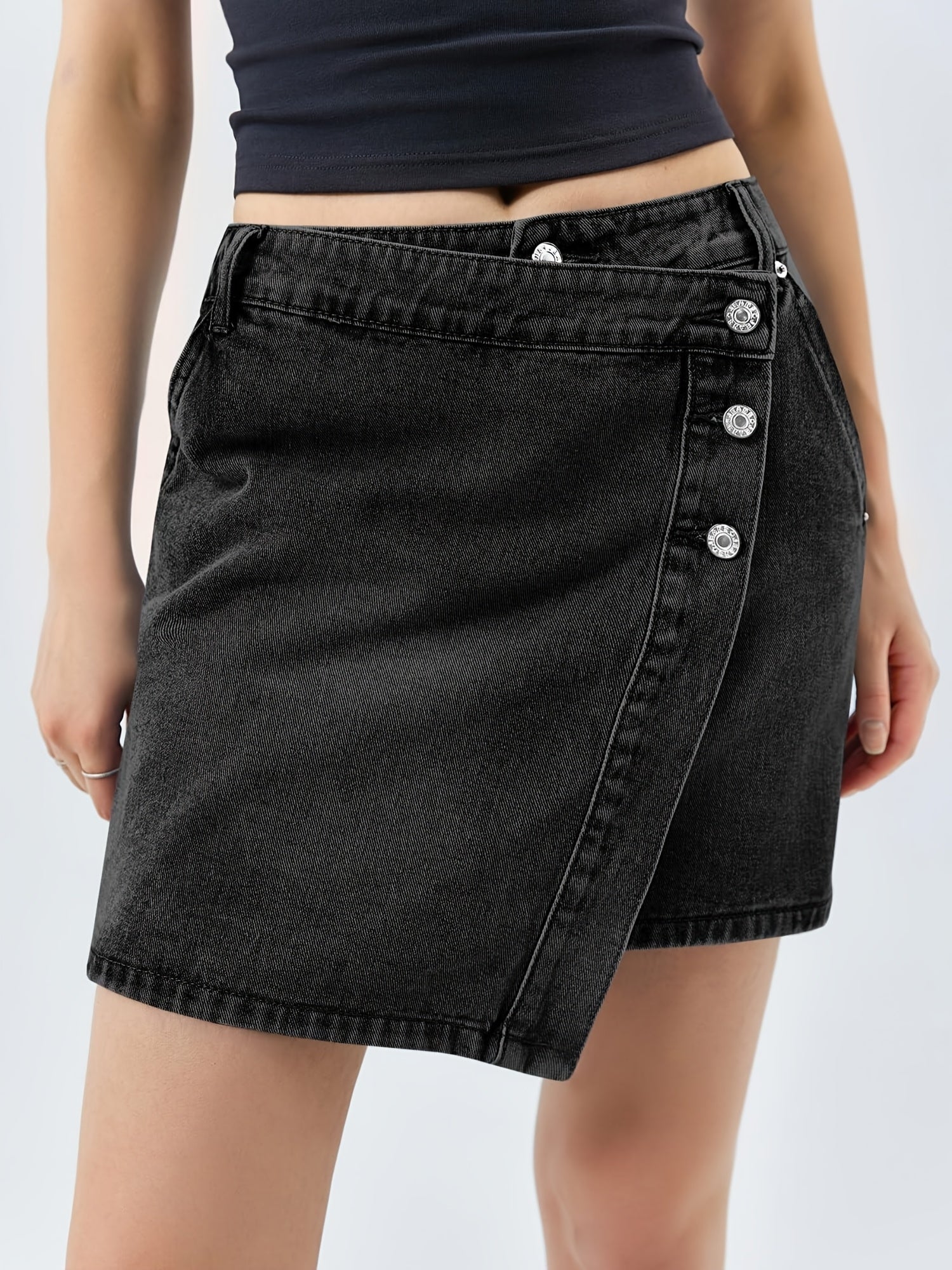Women'S Casual Denim Jean Skirt, Wrap Button Asymmetrical Hem Mini Skirt, Summer Fashion Skirt