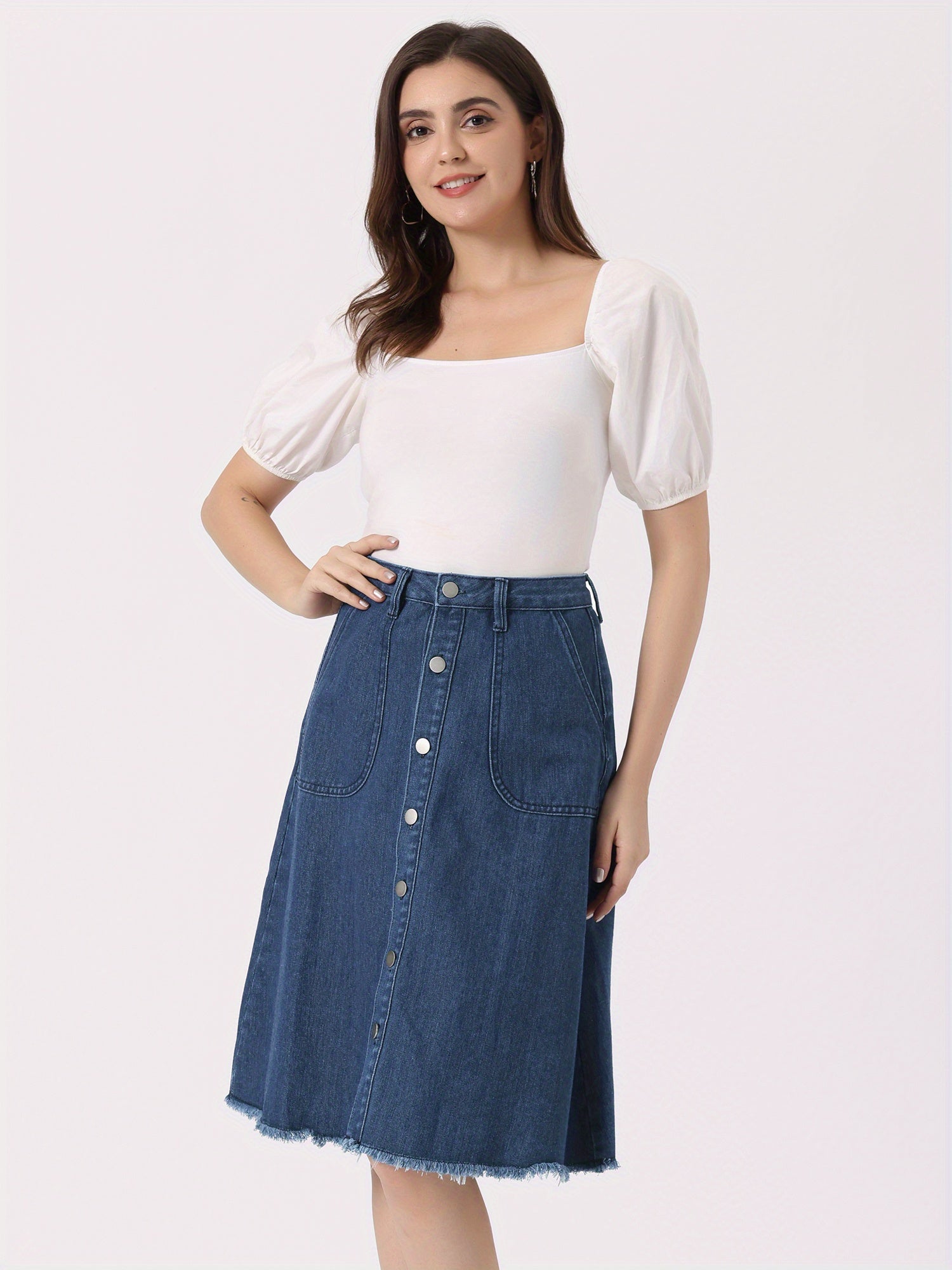 Women'S Denim Skirts Raw Hem Button Midi Jeans Skirt