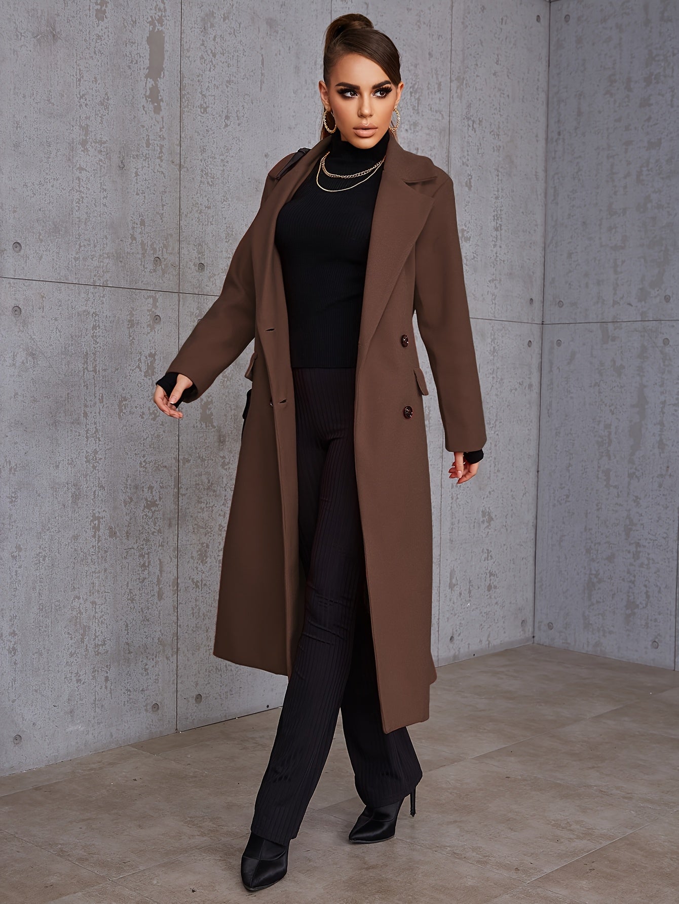 Women'S Double Breasted Over Knee Long Trench Coat Classic Lapel Slim Overcoat With Pockets