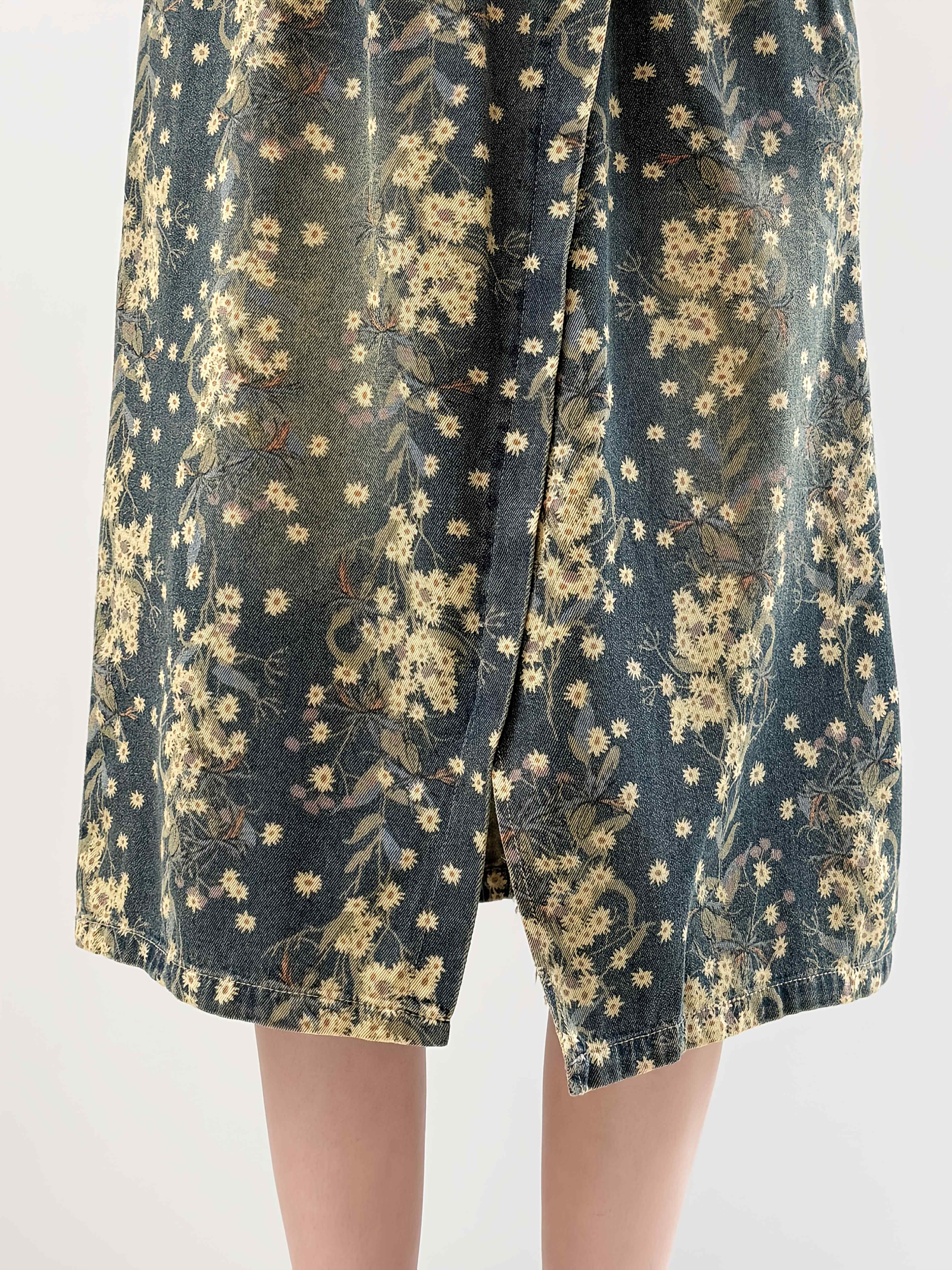 Boho Chic Overall Print LightWeight Denim Midi Skirt For Spring And Summer - Side Slit, A-Line With Pockets, Machine Washable Elegant Women'S Loose-Fitting Jean Skirt