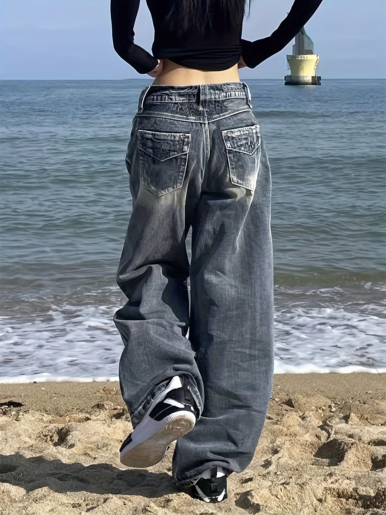 Vintage-Inspired High-Waist Wide-Leg Jeans For Women - Distressed, Loose Fit Denim With Pockets, Machine Washable