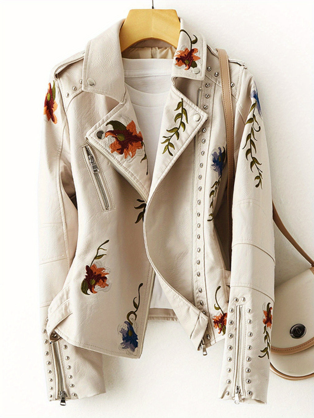 Women Floral Embroidered Moto PU Jacket Coat
