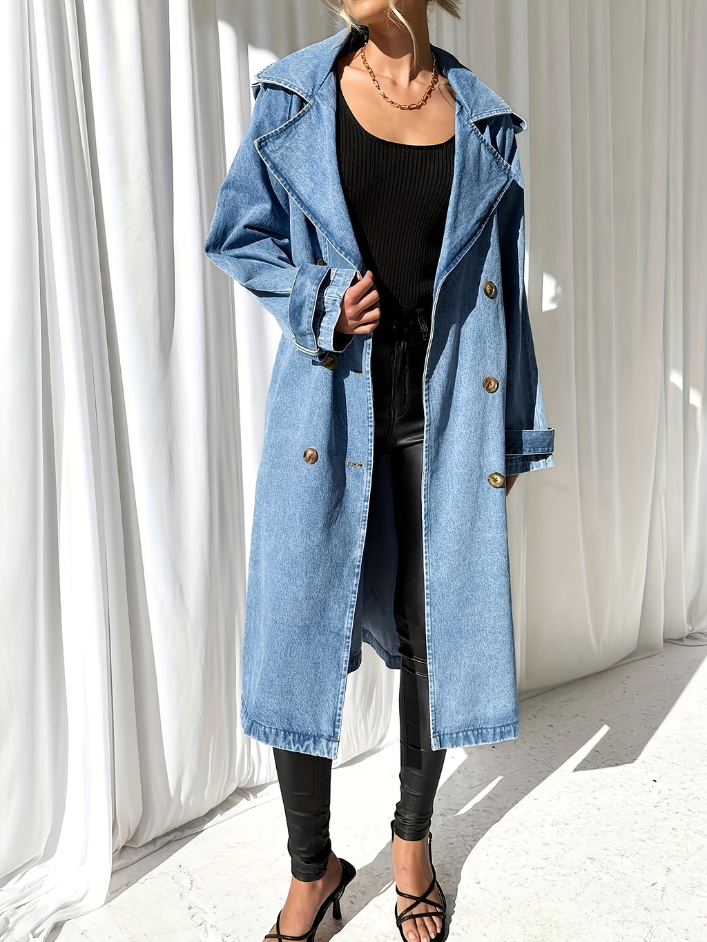 Women'S Long Double Breasted Denim Jacket Button Maxi Jean Coat Oversized Classic Lapel Outercoat