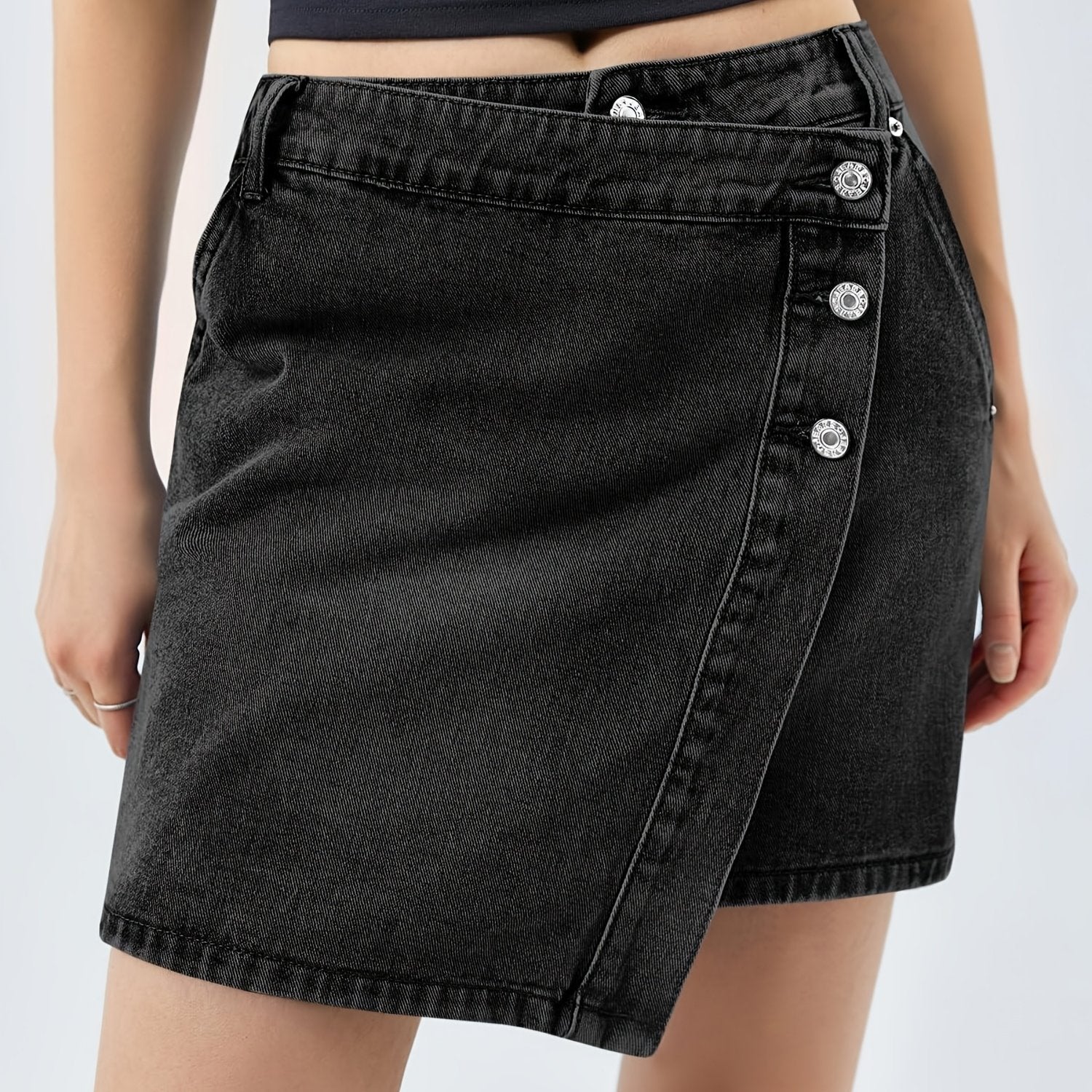 Women'S Casual Denim Jean Skirt, Wrap Button Asymmetrical Hem Mini Skirt, Summer Fashion Skirt