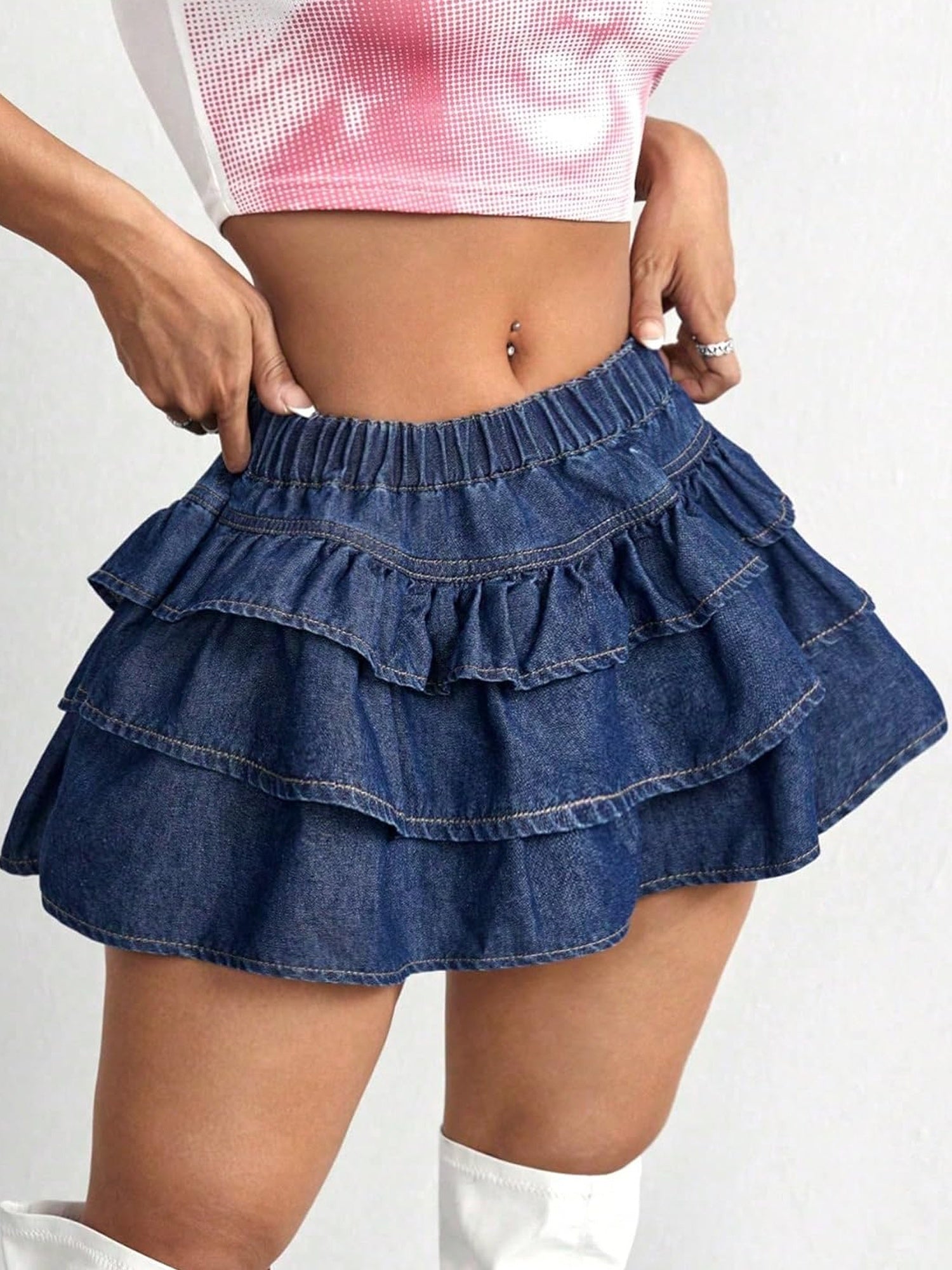 Women'S Y2K Solid Color Pleated Denim Skirt Low Rise A-Line Jeans Skirt Casual Tiered Hem Tiered Mini Skirt