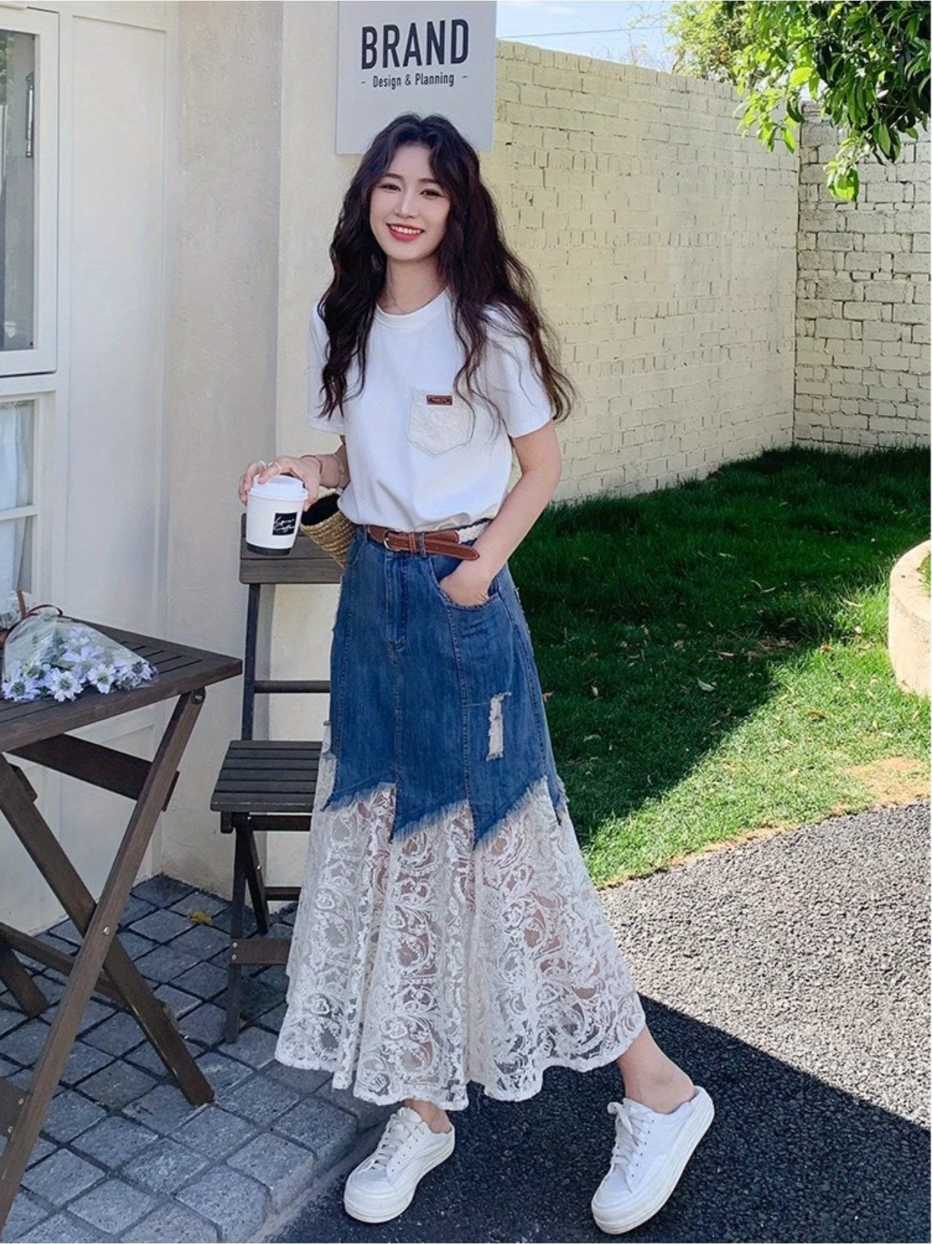 Women's French Romantic Waist-Cinching Skinny Jeanskirt - Non-See-Through Lace Hem, Everyday to Formal Outfits - Spring\u002FFall\u002FSummer Denim Skirt for Women, Spring Summer Outfit, Elegant Fabric Choice