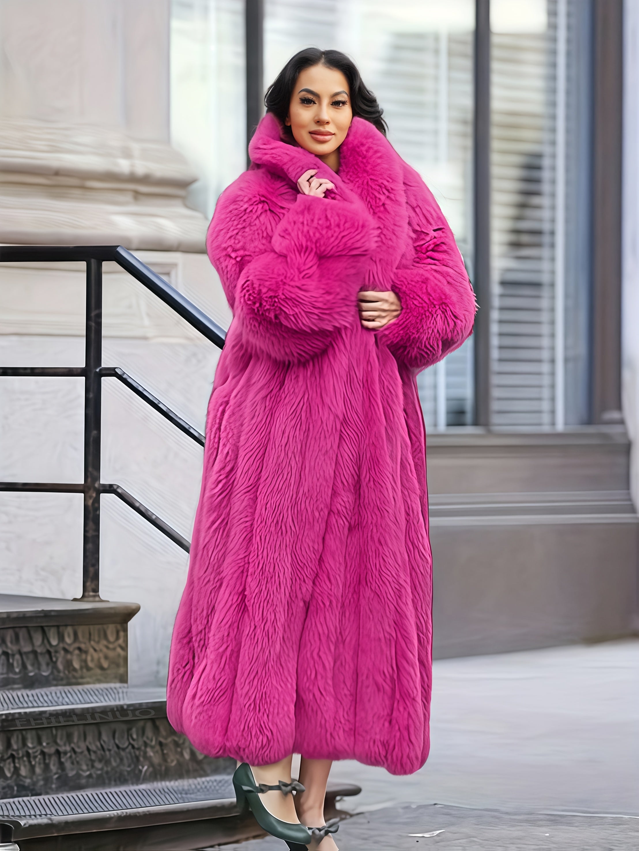 Elegant Faux Fur Coat Elegant Stylish Women's Faux Fur Coat | Turn-Collar, Long Sleeves, Pockets - Comfortable Solid Color Fall\u002FWinter Outerwear for Casual Wear