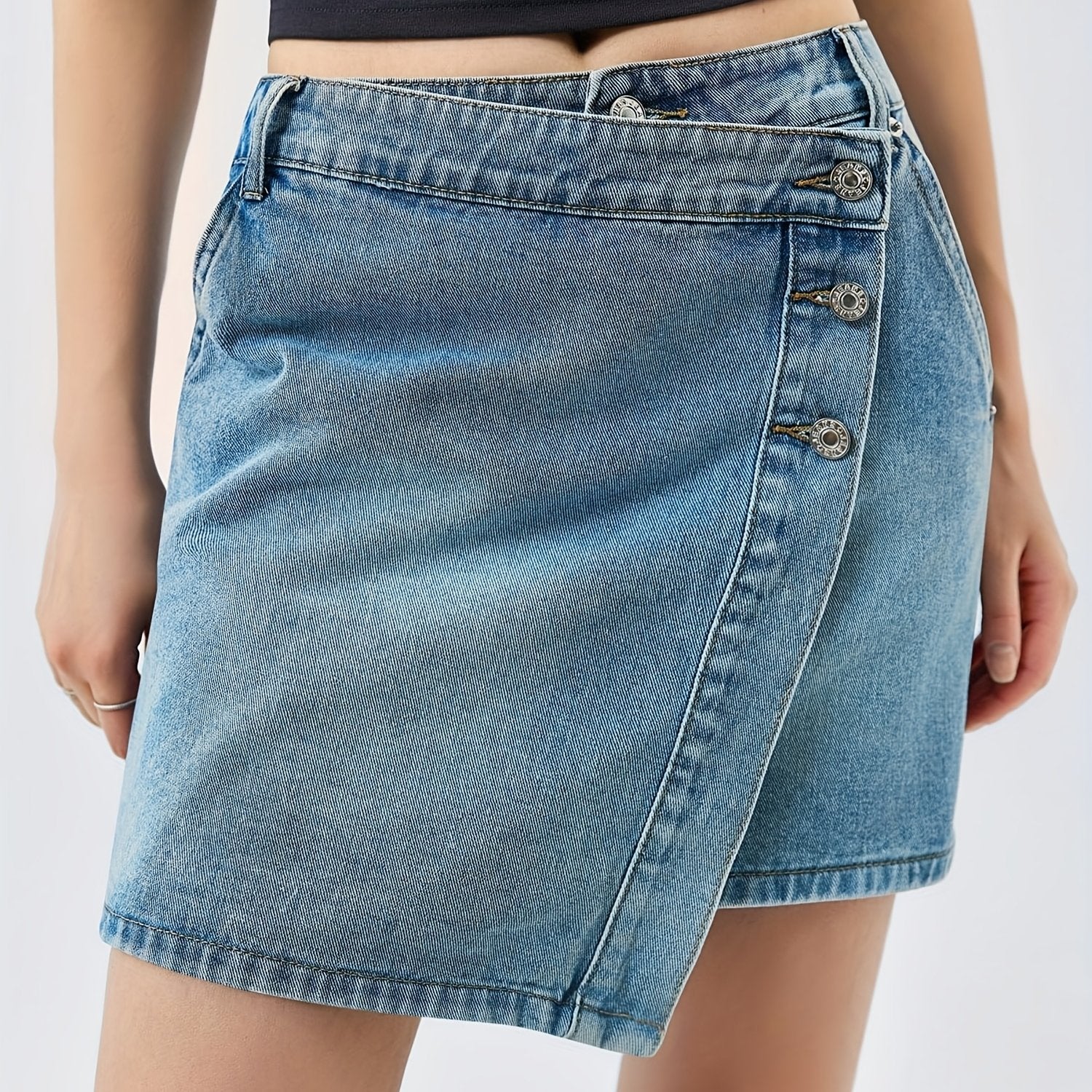 Women'S Casual Denim Jean Skirt, Wrap Button Asymmetrical Hem Mini Skirt, Summer Fashion Skirt