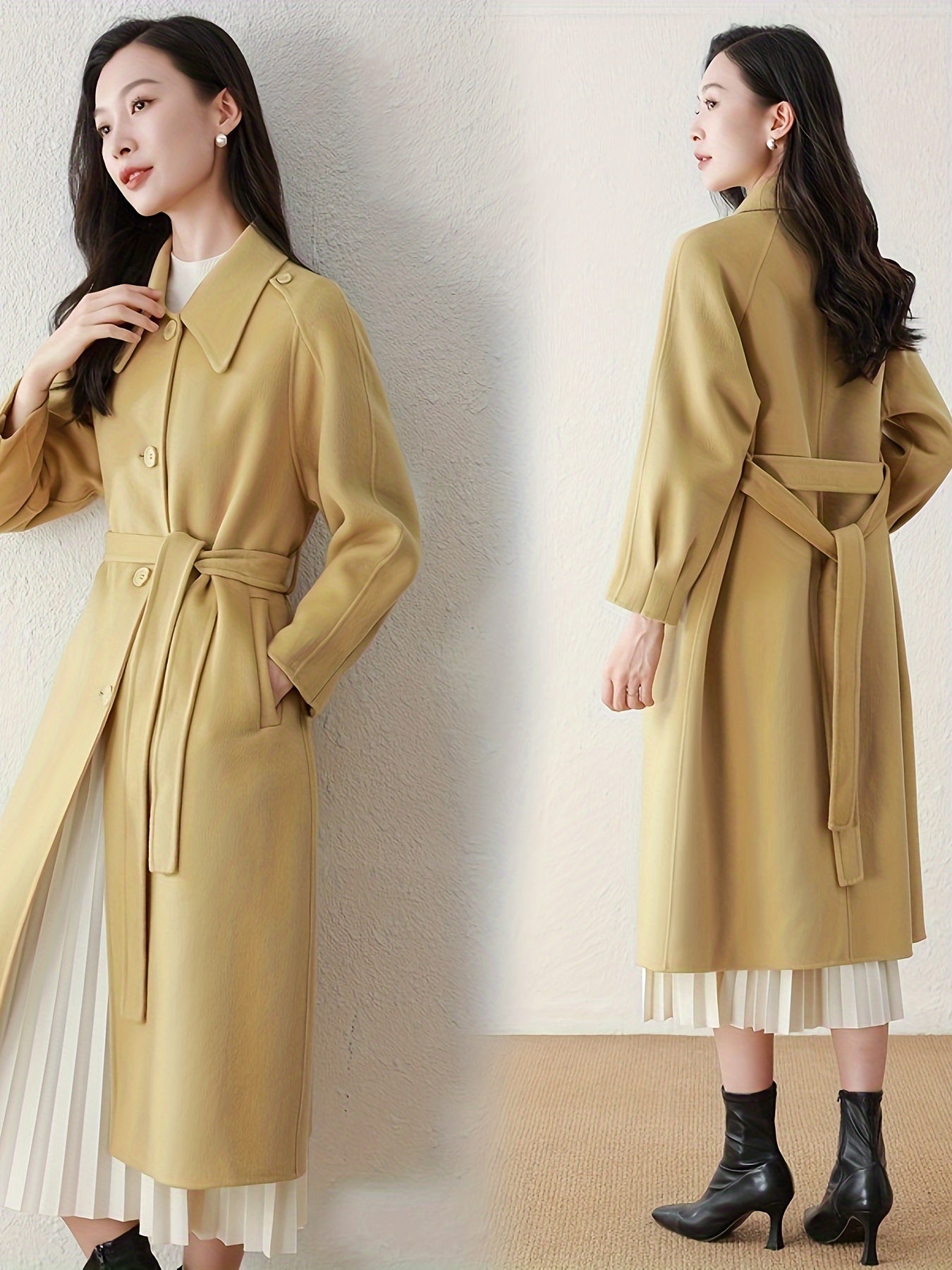 Elegant Wool Trench Coat 1pc Elegant Solid Color Wool Trench Coat - Long Sleeve, Button-Up with Belt, Non-Stretch Fabric, Loose Fit - Fall\u002FWinter Collection