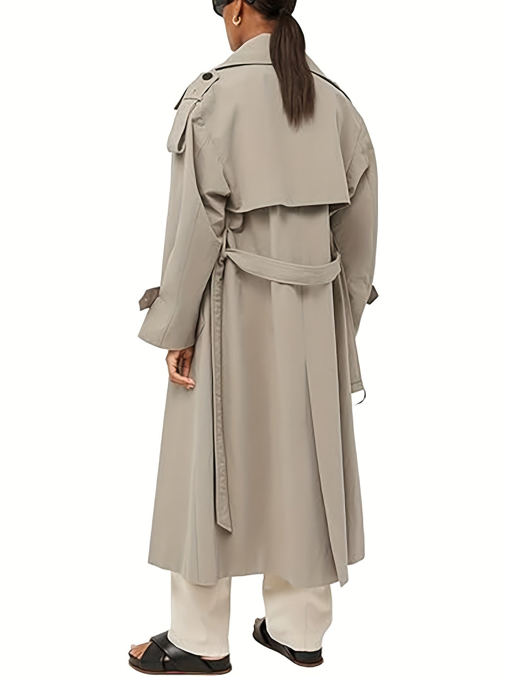 Women's Oversized Beige Trench Coat - Double Breasted, Windproof, Casual Style with Belt, Machine Washable, Polyester, Versatile Fashion | Doublebreasted Coat | Durable Polyester