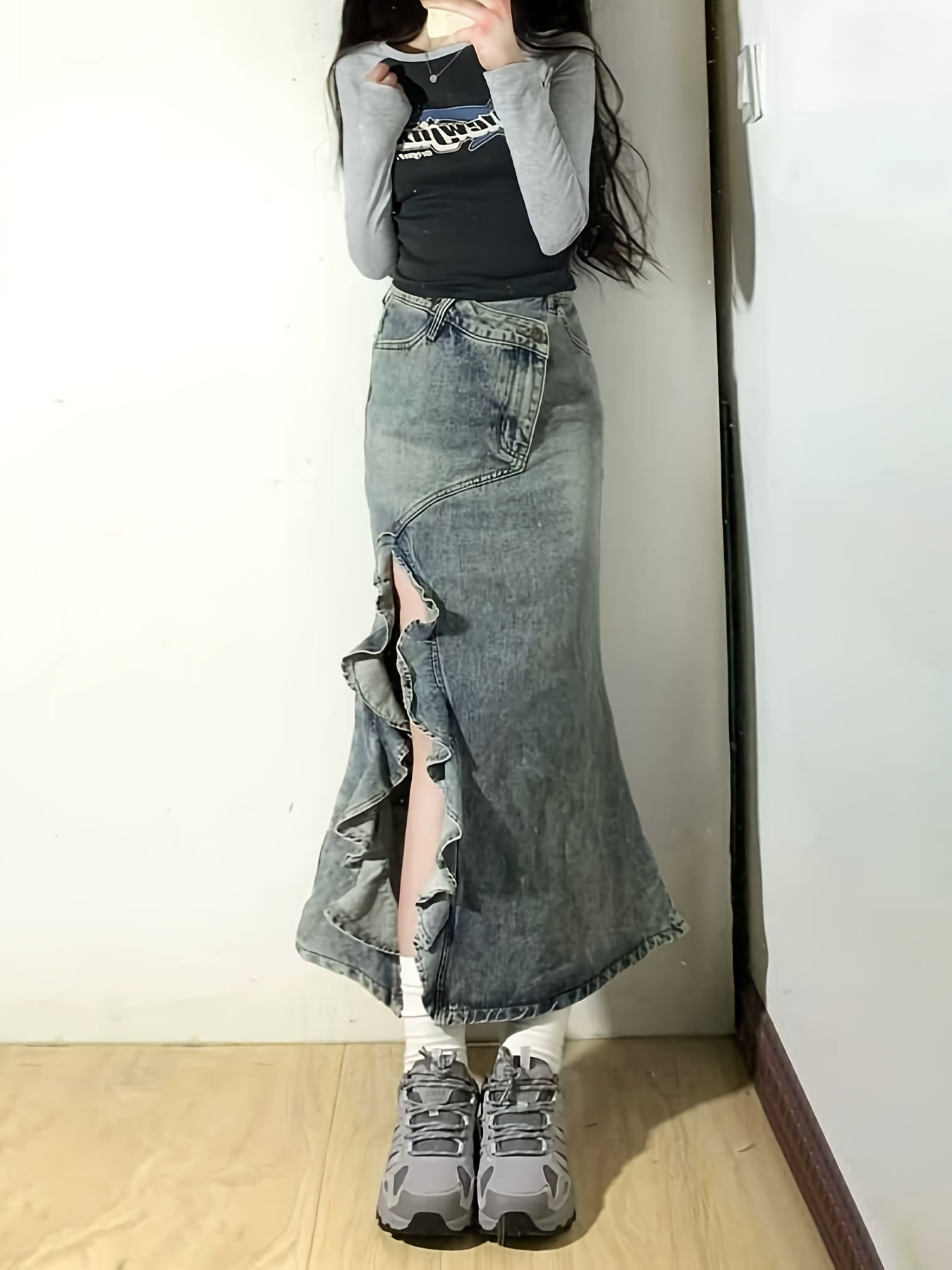 Everyday Comfort Women's High-Waist Denim Midi Skirt | Casual Fishtail Style with Wave Hem & Side Slits | Cotton-Polyester Blend | Machine Washable | Versatile for Spring\u002FSummer\u002FAutumn | Stylish Streetwear, Denim Skirt