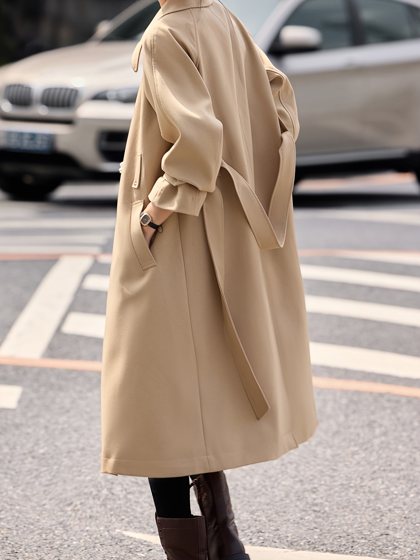 MOHOMO Women's Elegant Beige Trench Coat - Long Sleeve, Button-Up Lapel Collar, Belted Waist, Polyester Fabric, Perfect for Fall Commute & Party Wear, Party Trench Coat | Belted Trench Coat | Halfbutton Closure