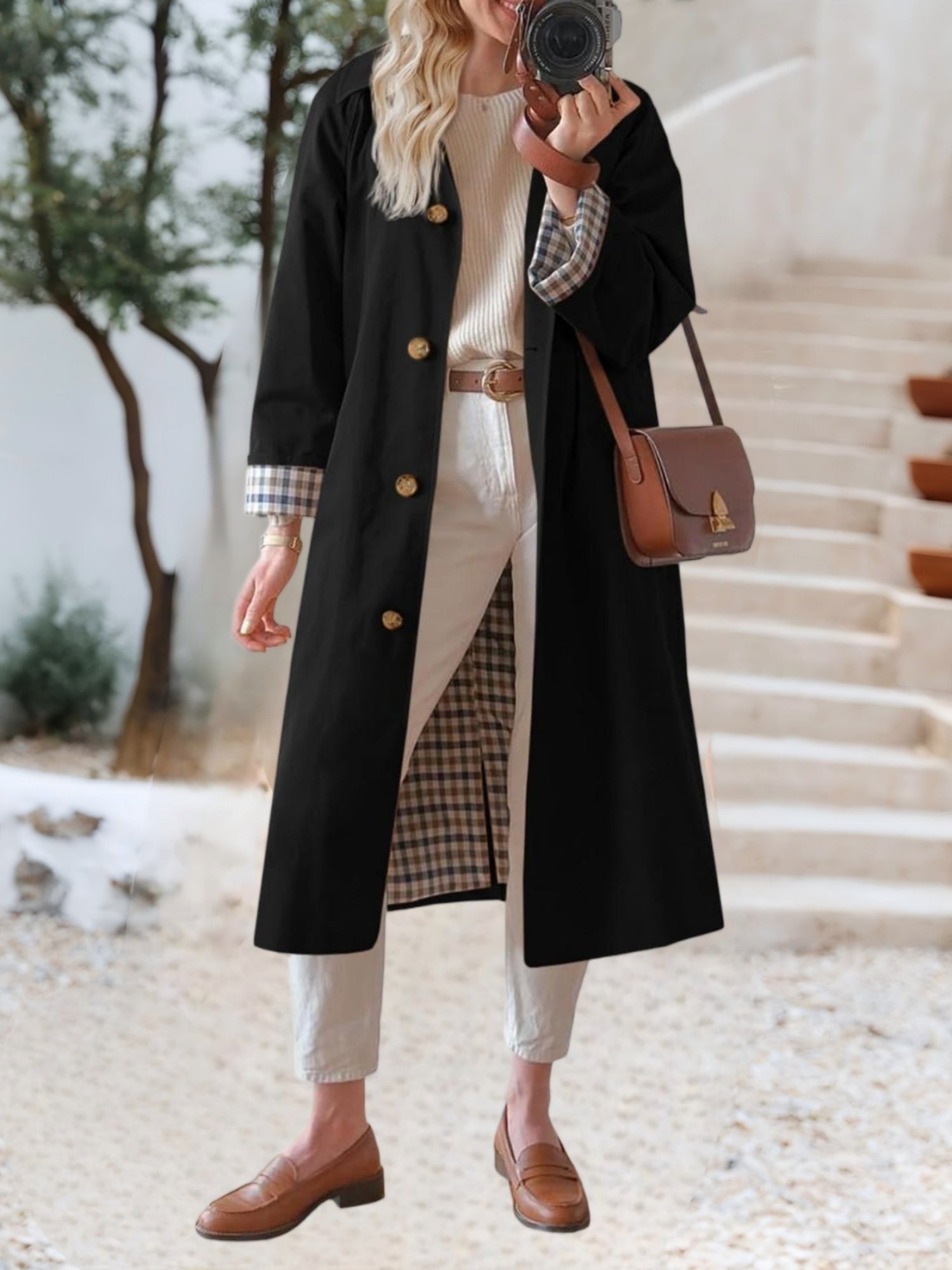 Women'S Oversized Long Trench Coat - Windproof Casual Outerwear with Single-Breasted Button Details, Beige, Long Length, Polyester, Perfect for Spring & Fall