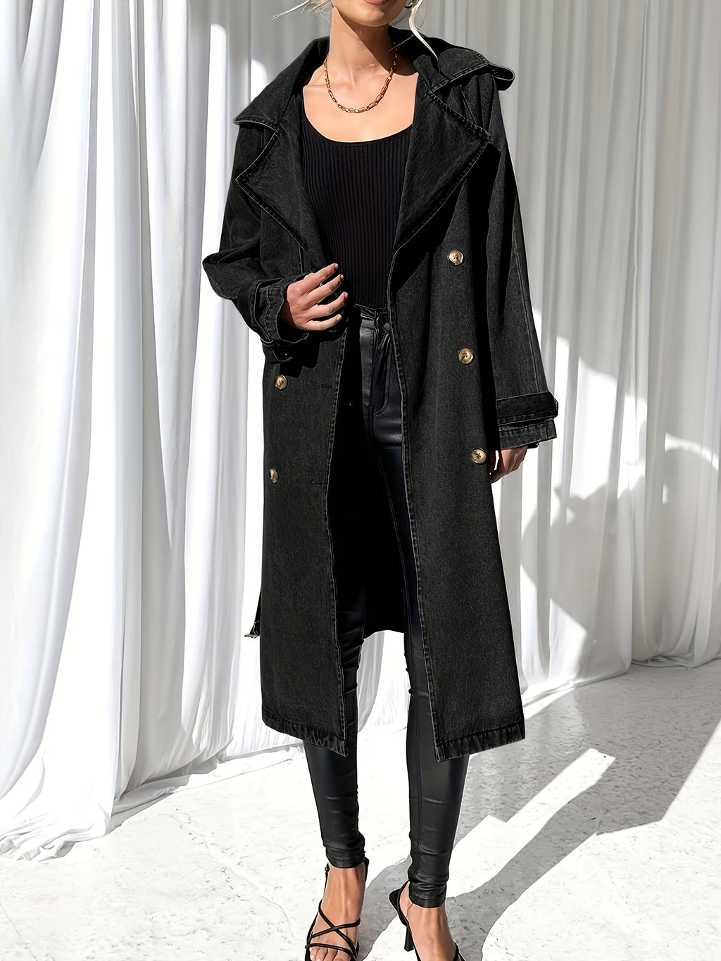 Women'S Long Double Breasted Denim Jacket Button Maxi Jean Coat Oversized Classic Lapel Outercoat