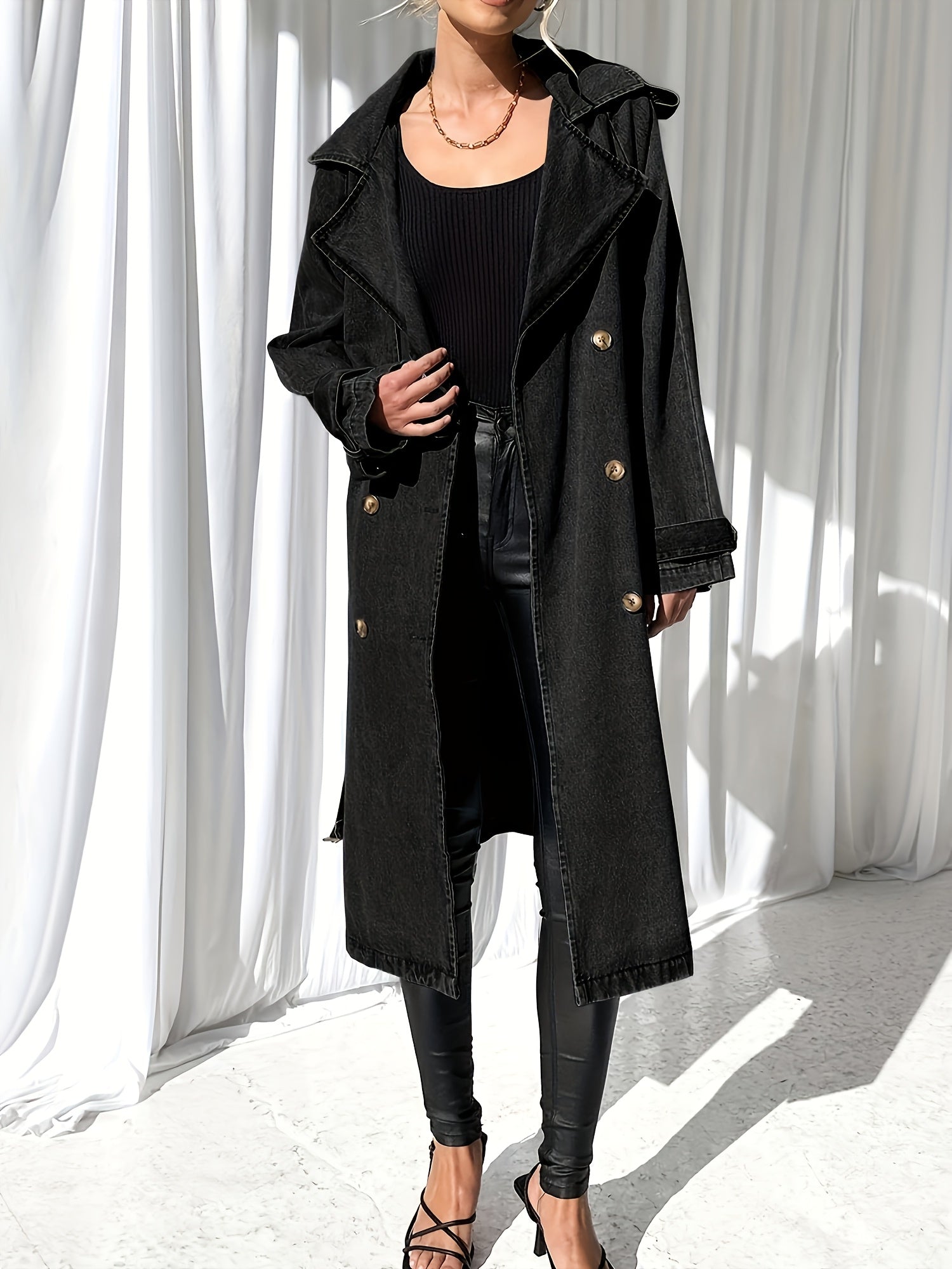 Women'S Long Double Breasted Denim Jacket Button Maxi Jean Coat Oversized Classic Lapel Outercoat