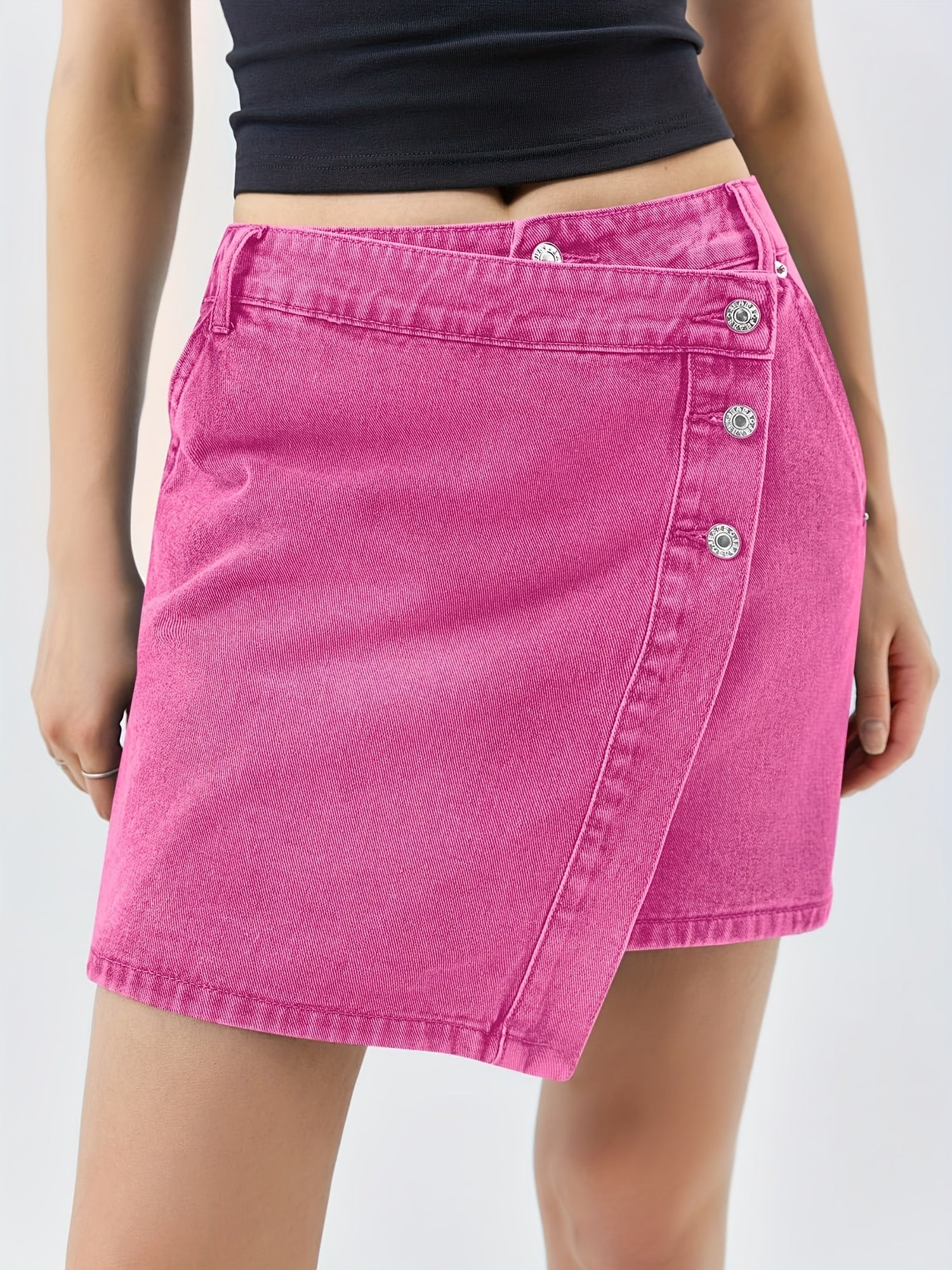 Women'S Casual Denim Jean Skirt, Wrap Button Asymmetrical Hem Mini Skirt, Summer Fashion Skirt