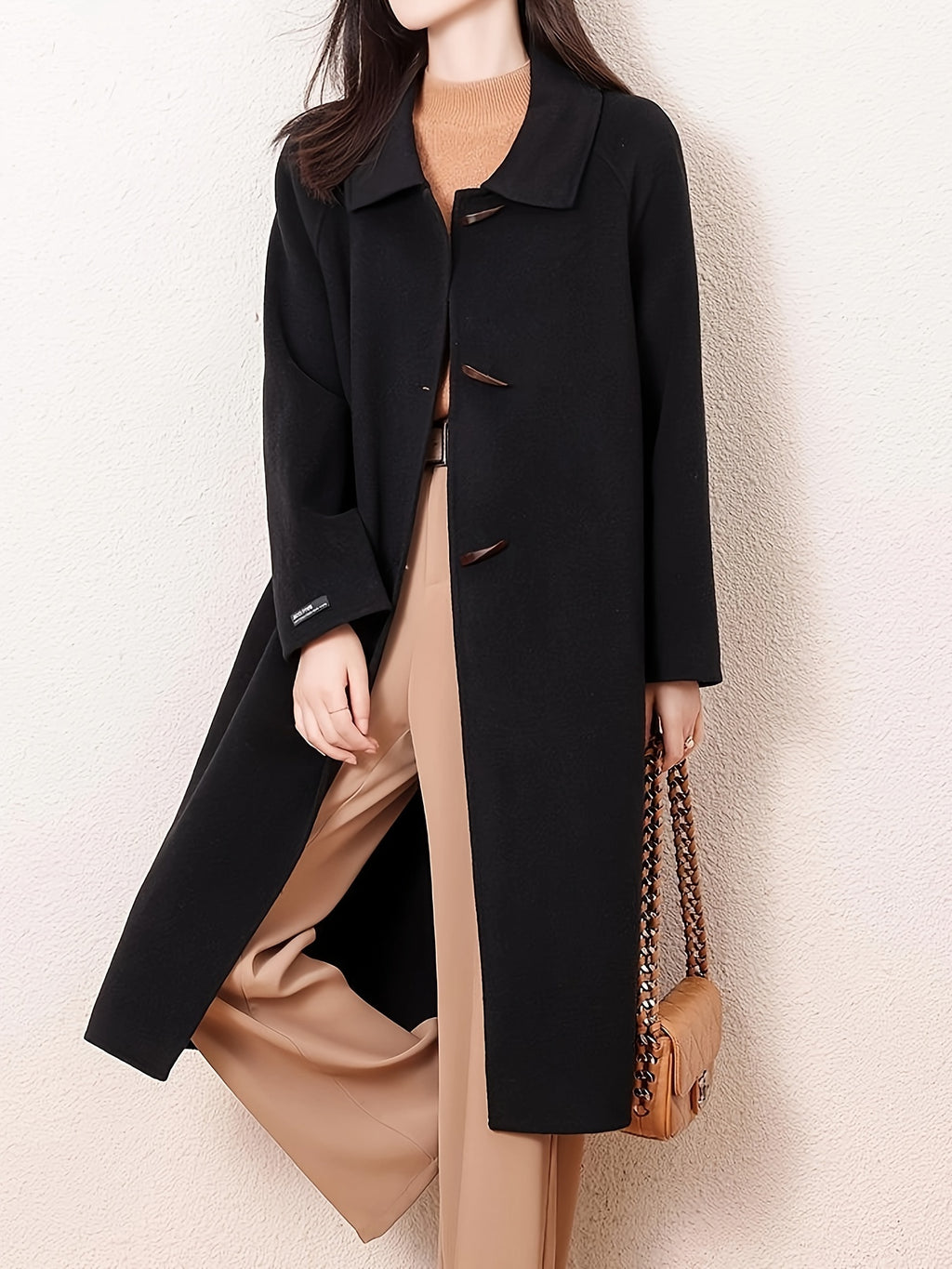 Women's Tweed Coat - Dual-Sided Mid-Length Wool-Textured Jacket with Notch Lapel Collar & Belted Waist, Solid Black Casual Chic Outerwear for Fall Winter, Semiformal Attire, Structured Design