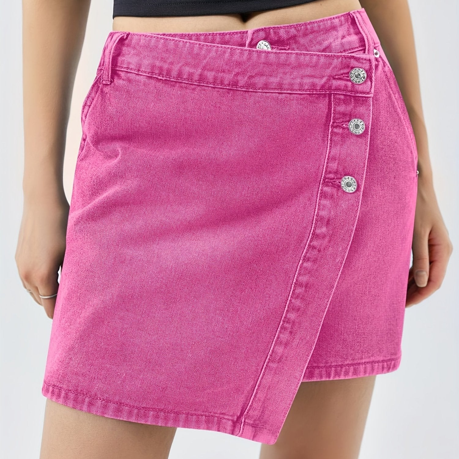 Women'S Casual Denim Jean Skirt, Wrap Button Asymmetrical Hem Mini Skirt, Summer Fashion Skirt