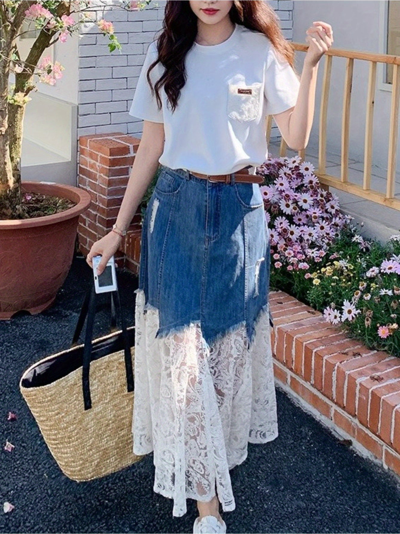 Women's French Romantic Waist-Cinching Skinny Jeanskirt - Non-See-Through Lace Hem, Everyday to Formal Outfits - Spring\u002FFall\u002FSummer Denim Skirt for Women, Spring Summer Outfit, Elegant Fabric Choice