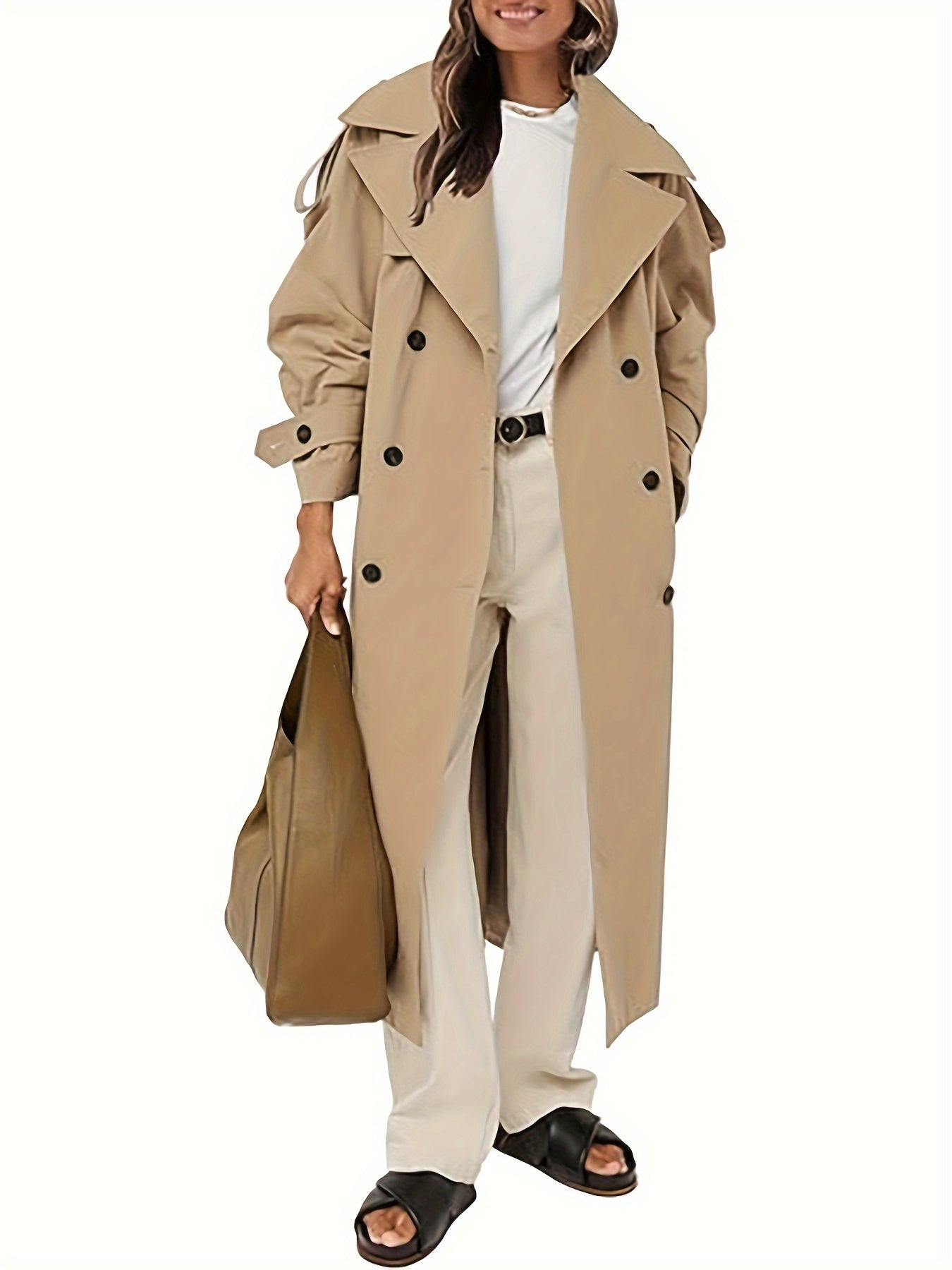 Women's Oversized Beige Trench Coat - Double Breasted, Windproof, Casual Style with Belt, Machine Washable, Polyester, Versatile Fashion | Doublebreasted Coat | Durable Polyester