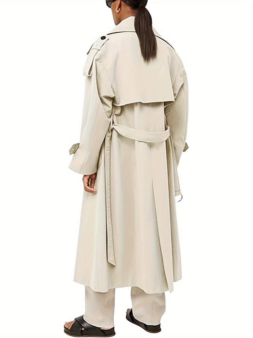 Women's Oversized Beige Trench Coat - Double Breasted, Windproof, Casual Style with Belt, Machine Washable, Polyester, Versatile Fashion | Doublebreasted Coat | Durable Polyester