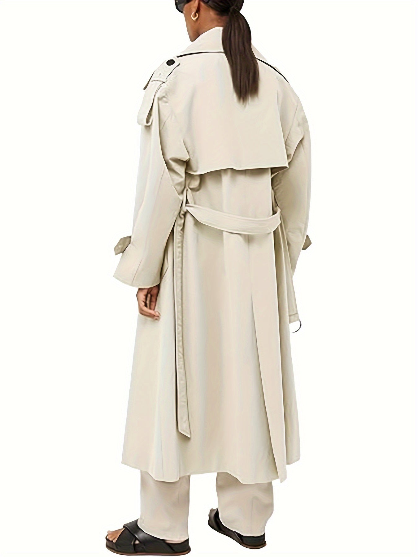 Women's Oversized Beige Trench Coat - Double Breasted, Windproof, Casual Style with Belt, Machine Washable, Polyester, Versatile Fashion | Doublebreasted Coat | Durable Polyester