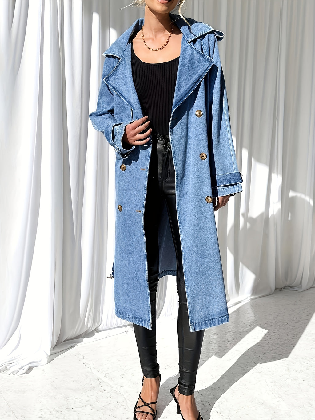 Women'S Long Double Breasted Denim Jacket Button Maxi Jean Coat Oversized Classic Lapel Outercoat